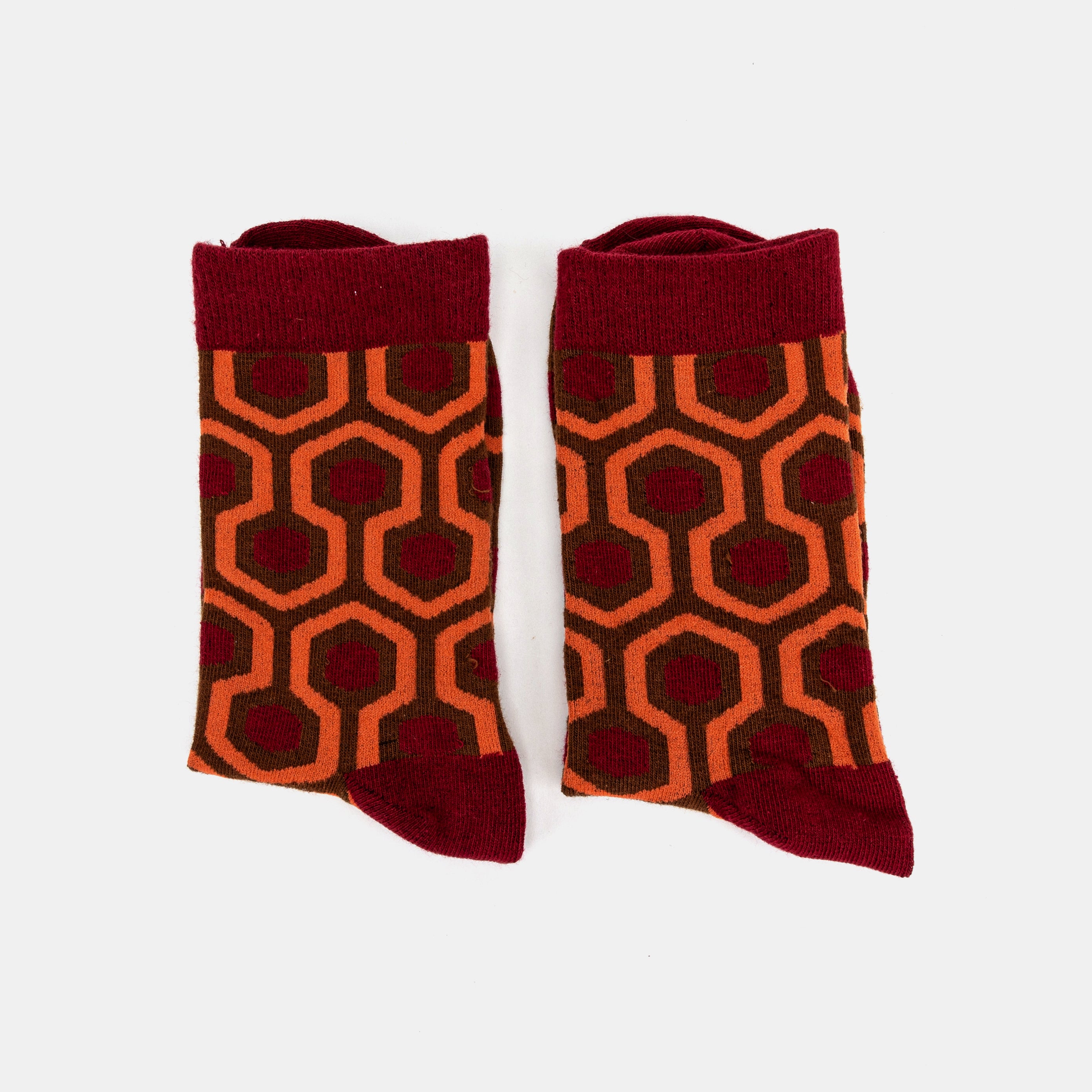 The Shining Overlook Hotel Carpet Pattern Cotton Crew Socks of America folded