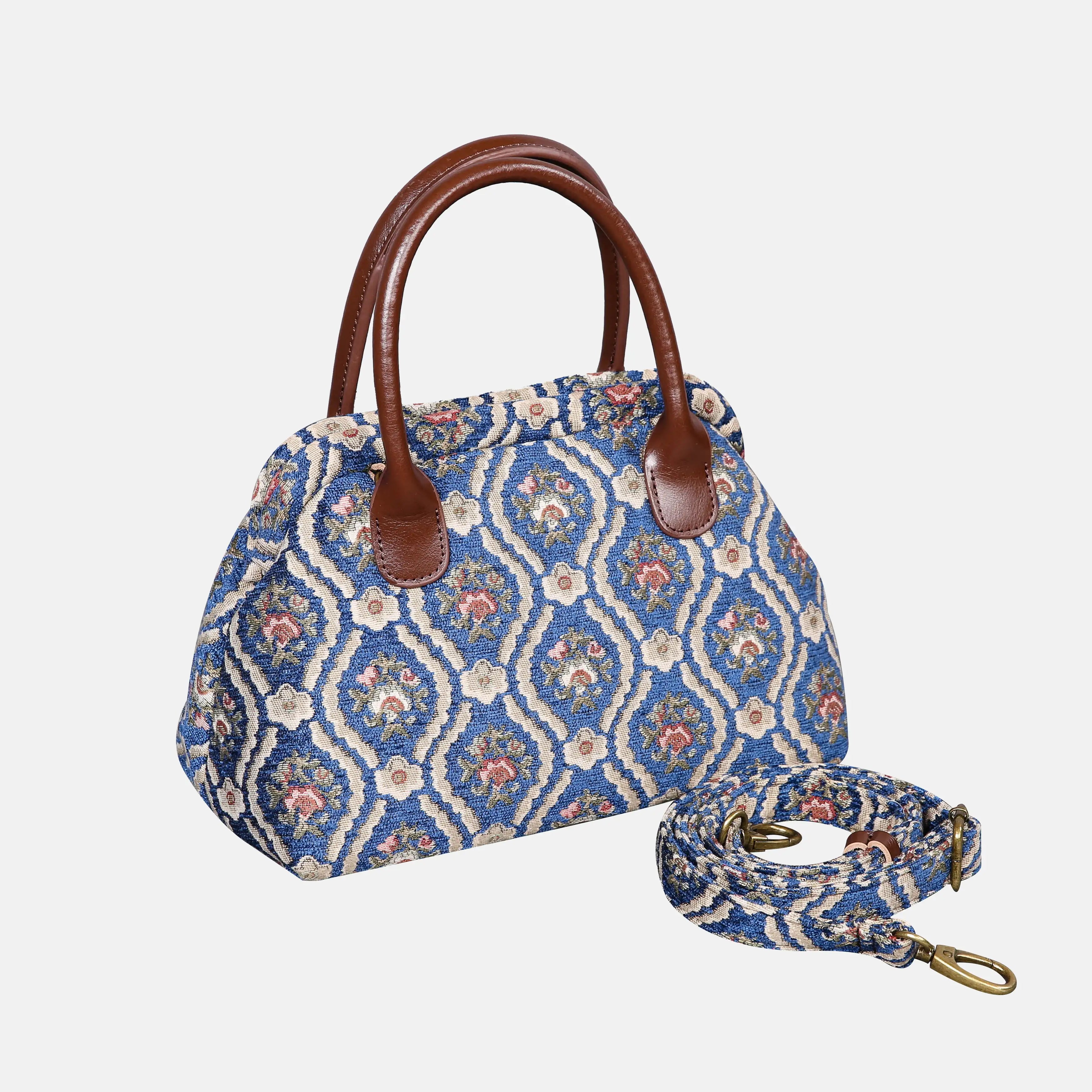 Traditional Blue Carpet Satchel carpet bag MCW Handmade of America with strap