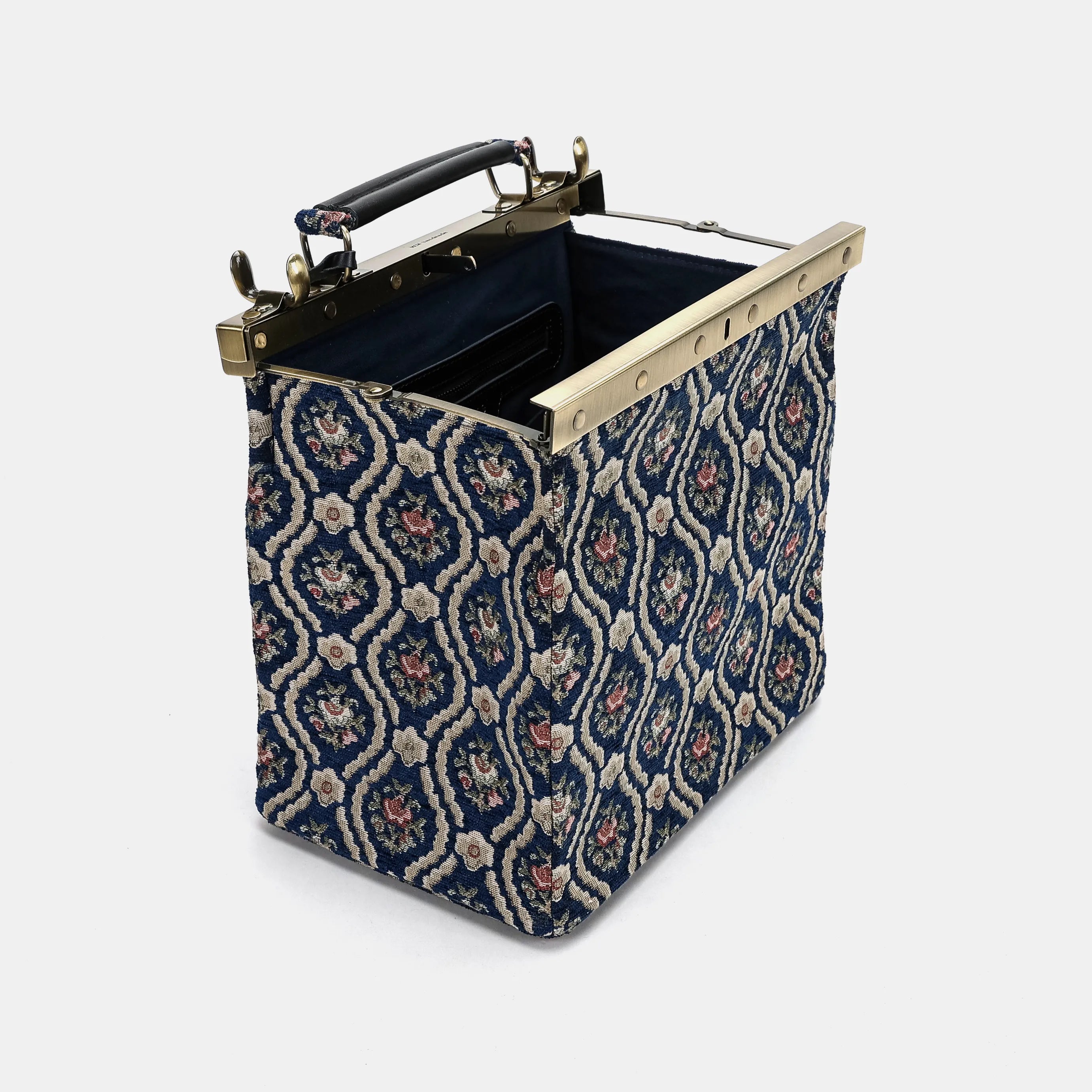Traditional Blue Cecile Carpet Purse Gladstone Bag of America open and stand