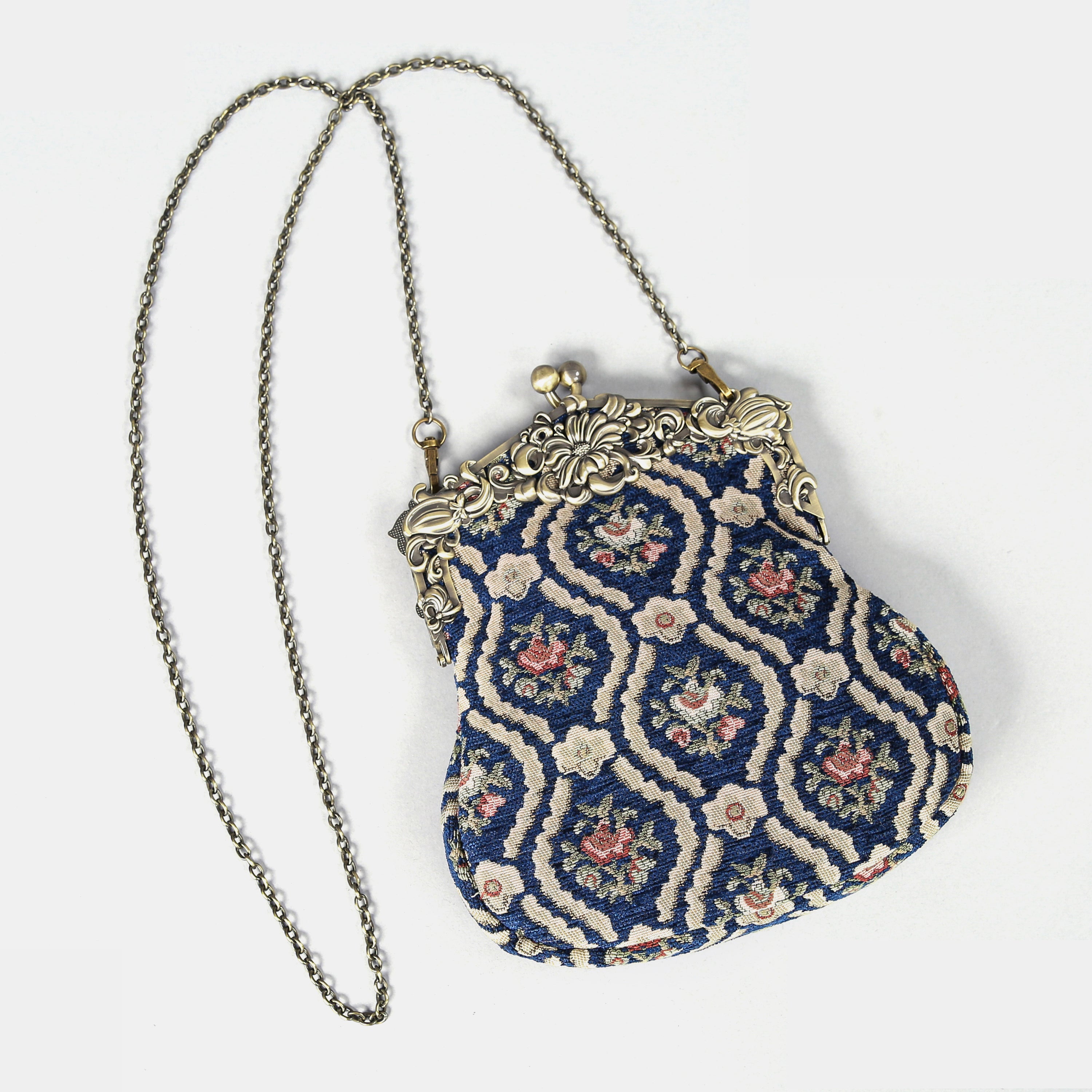 Traditional Blue Chatelaine Purse Large carpet bag of America with long chain