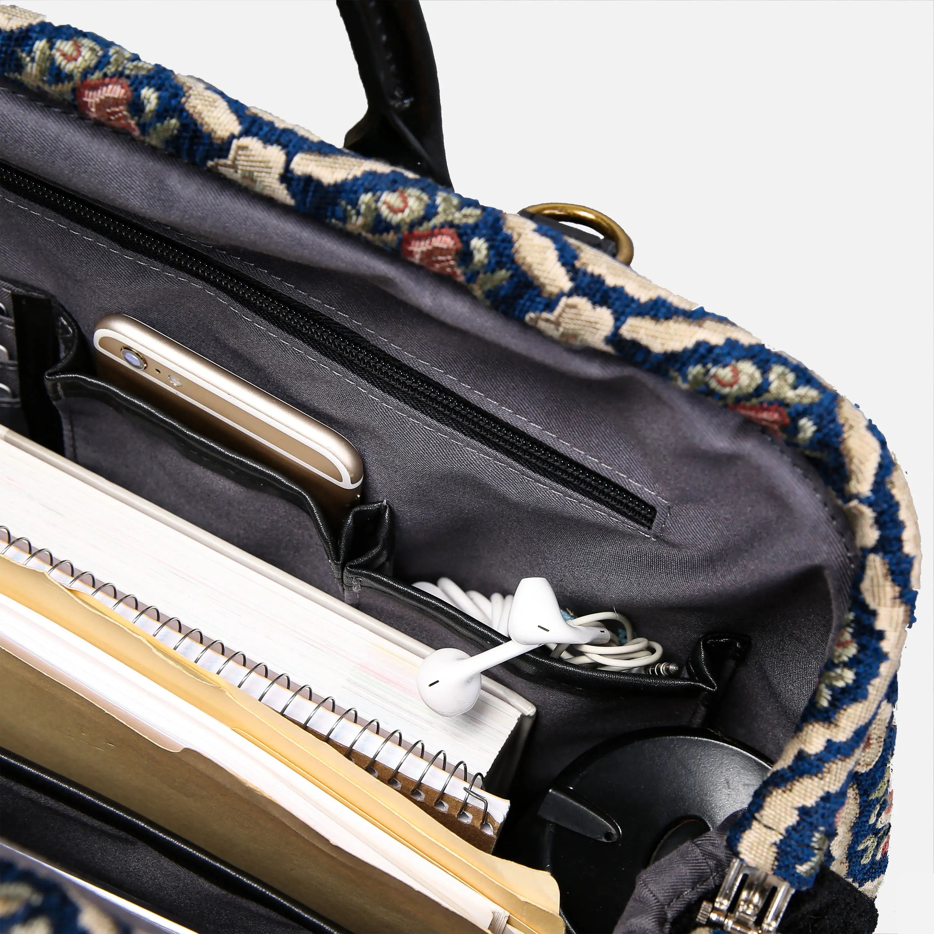 Traditional Blue Laptop Work Bag carpet bag of America inside details