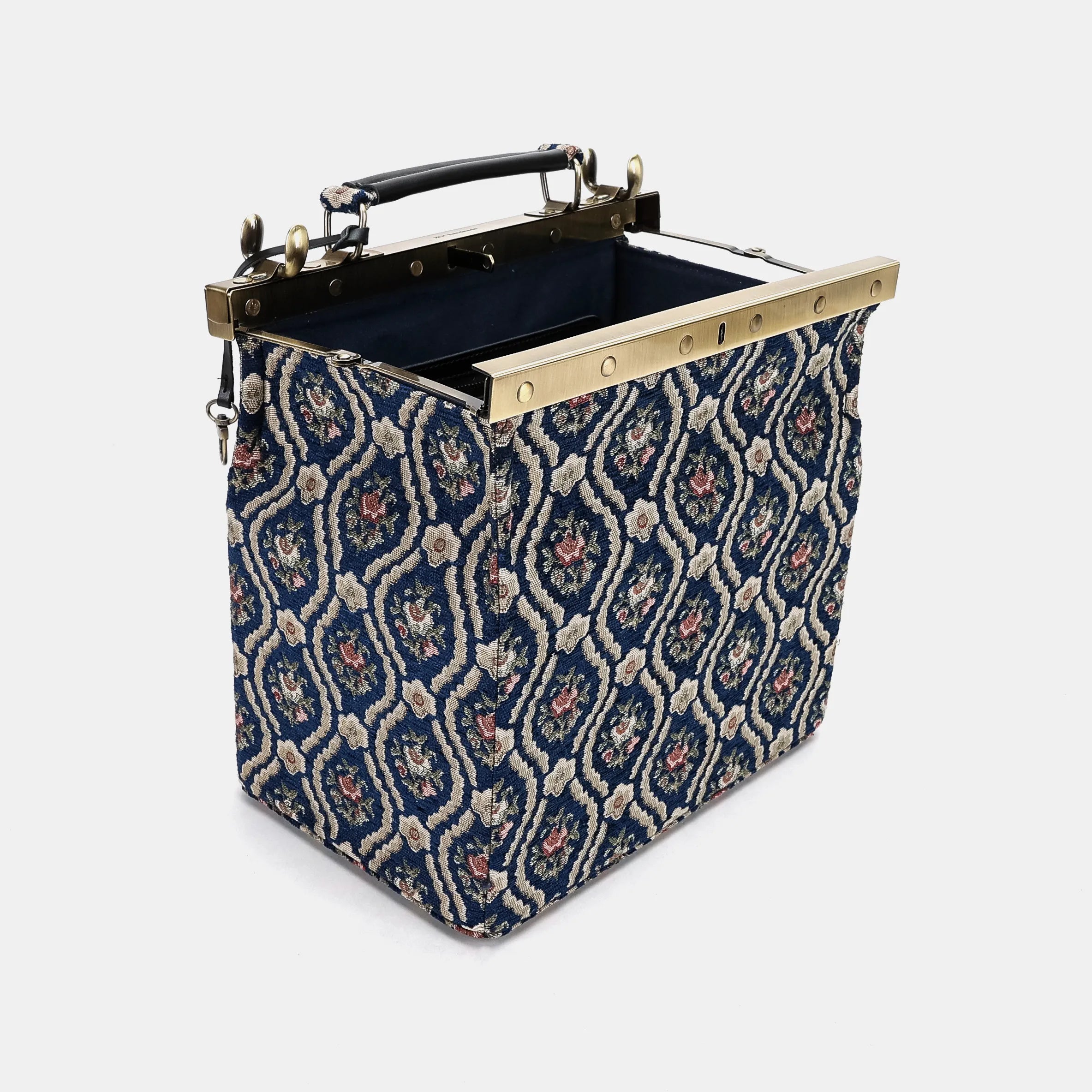 Traditional Blue Vivienne Carpet Purse Gladstone Bag of America open and stand