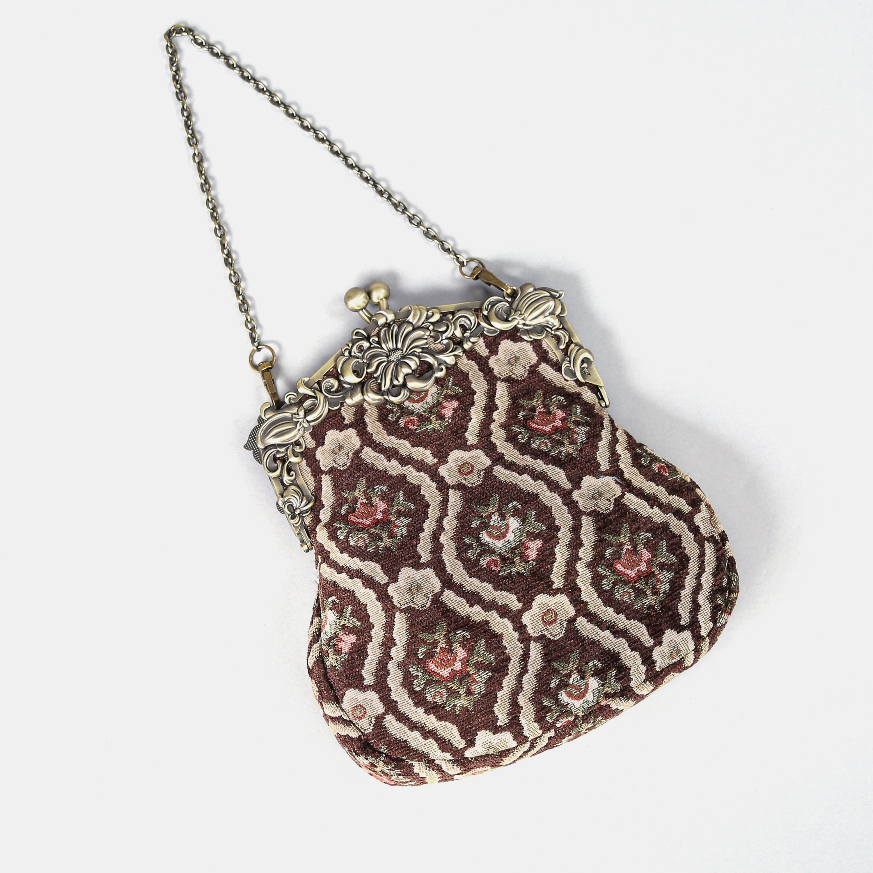 Traditional Brown Chatelaine Purse Large carpet bag of America lay flat