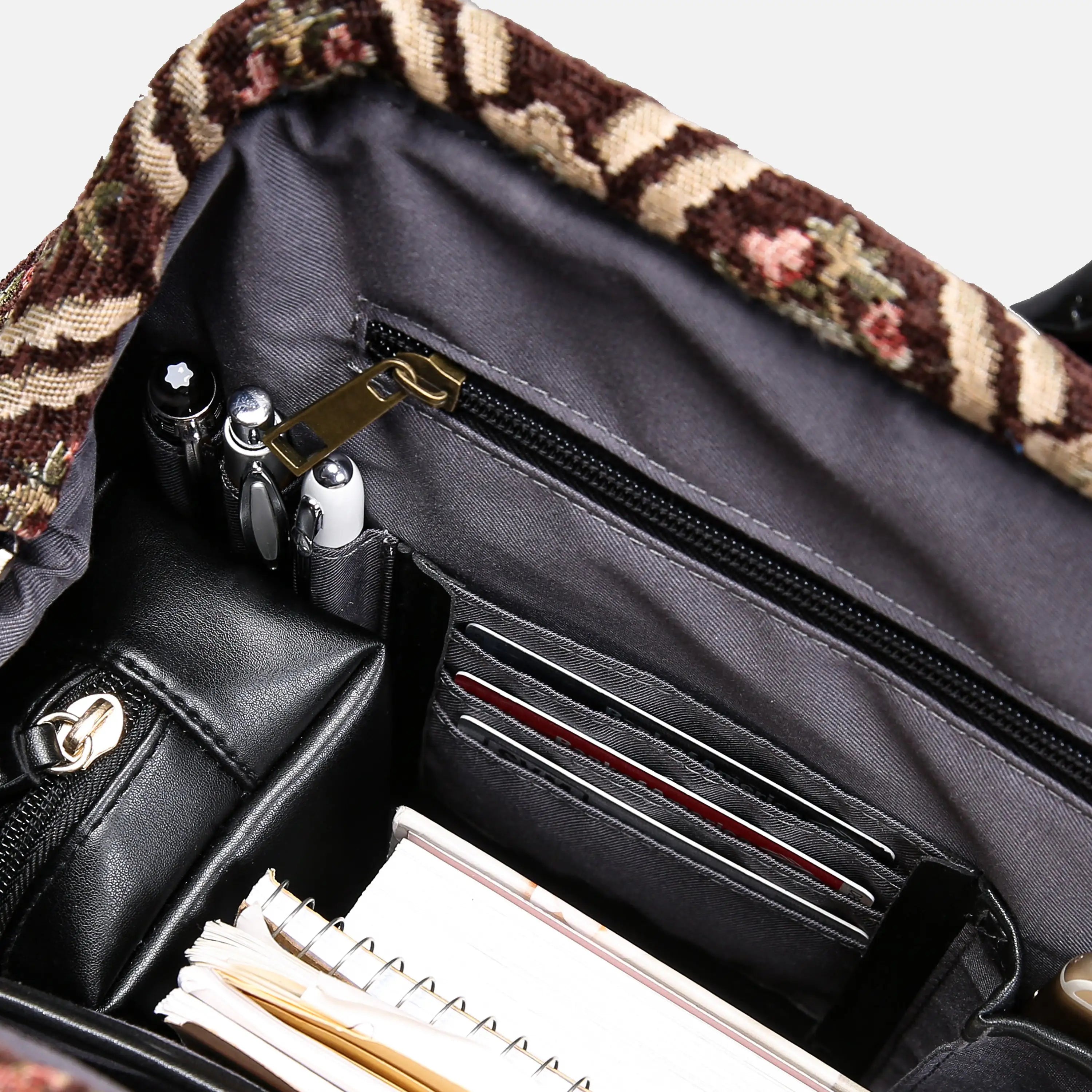 Traditional Brown Laptop Work Bag carpet bag of America inside details