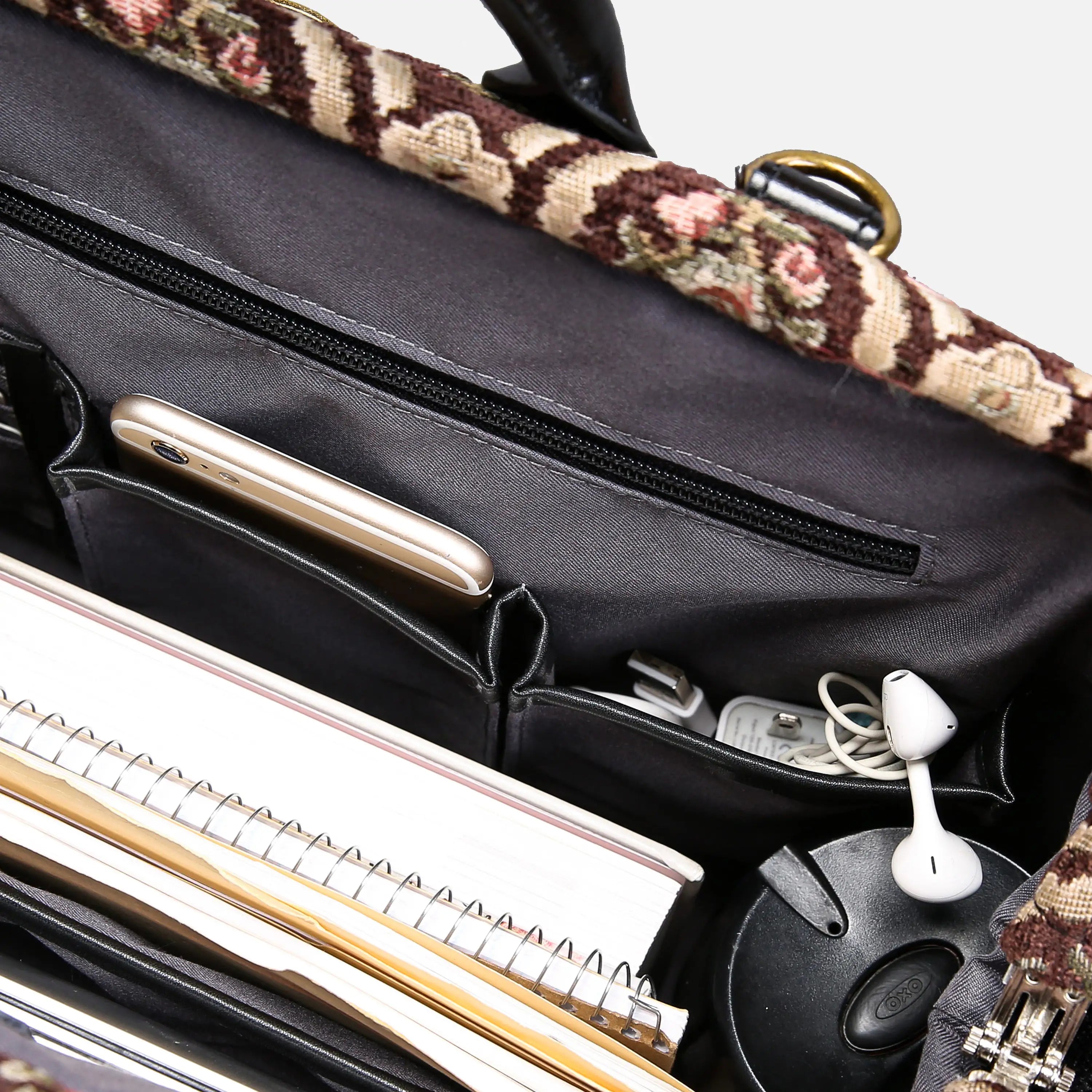 Traditional Brown Laptop Work Bag carpet bag of America inside details