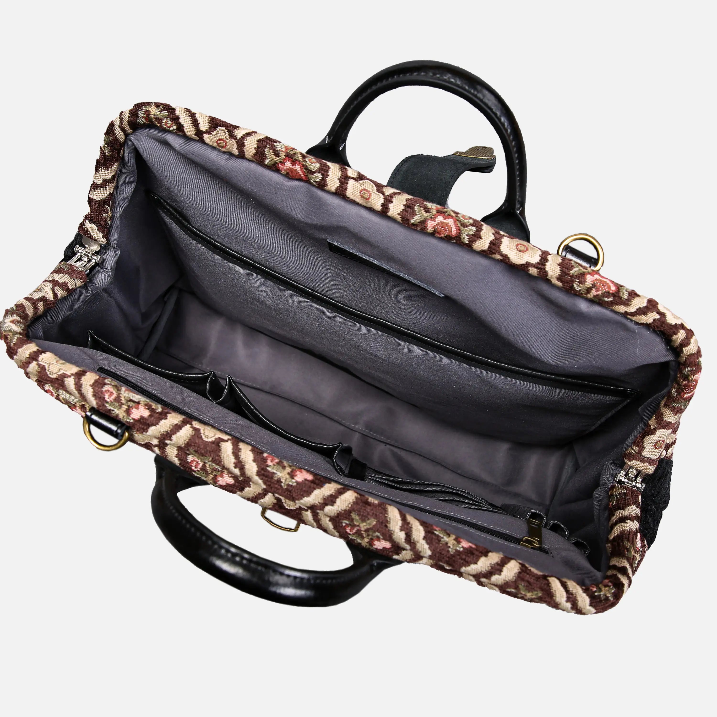 Traditional Brown Laptop Work Bag carpet bag of America inside