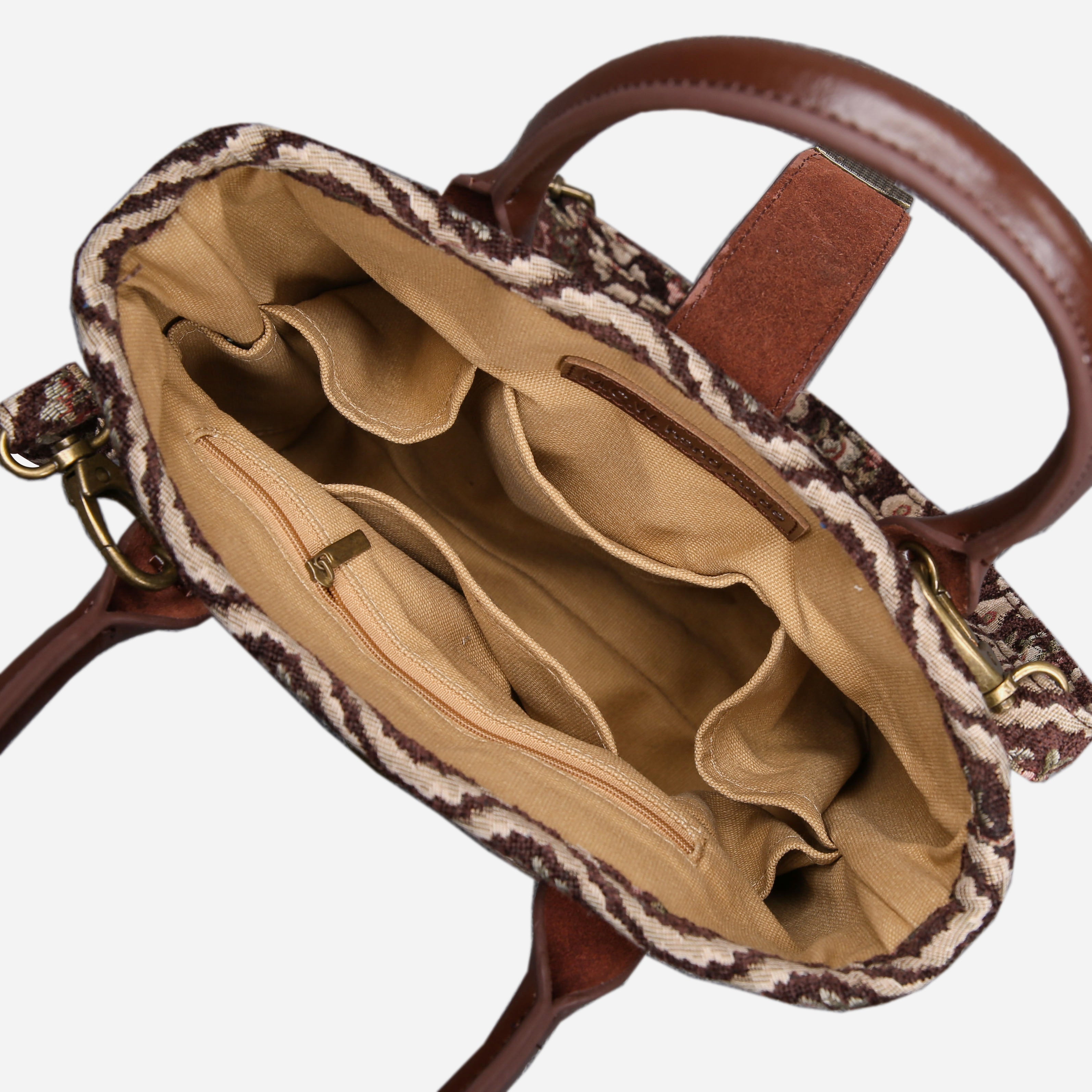 Traditional Coffee Tuck Lock Carpet Satchel carpet bag MCW Handmade of America inside