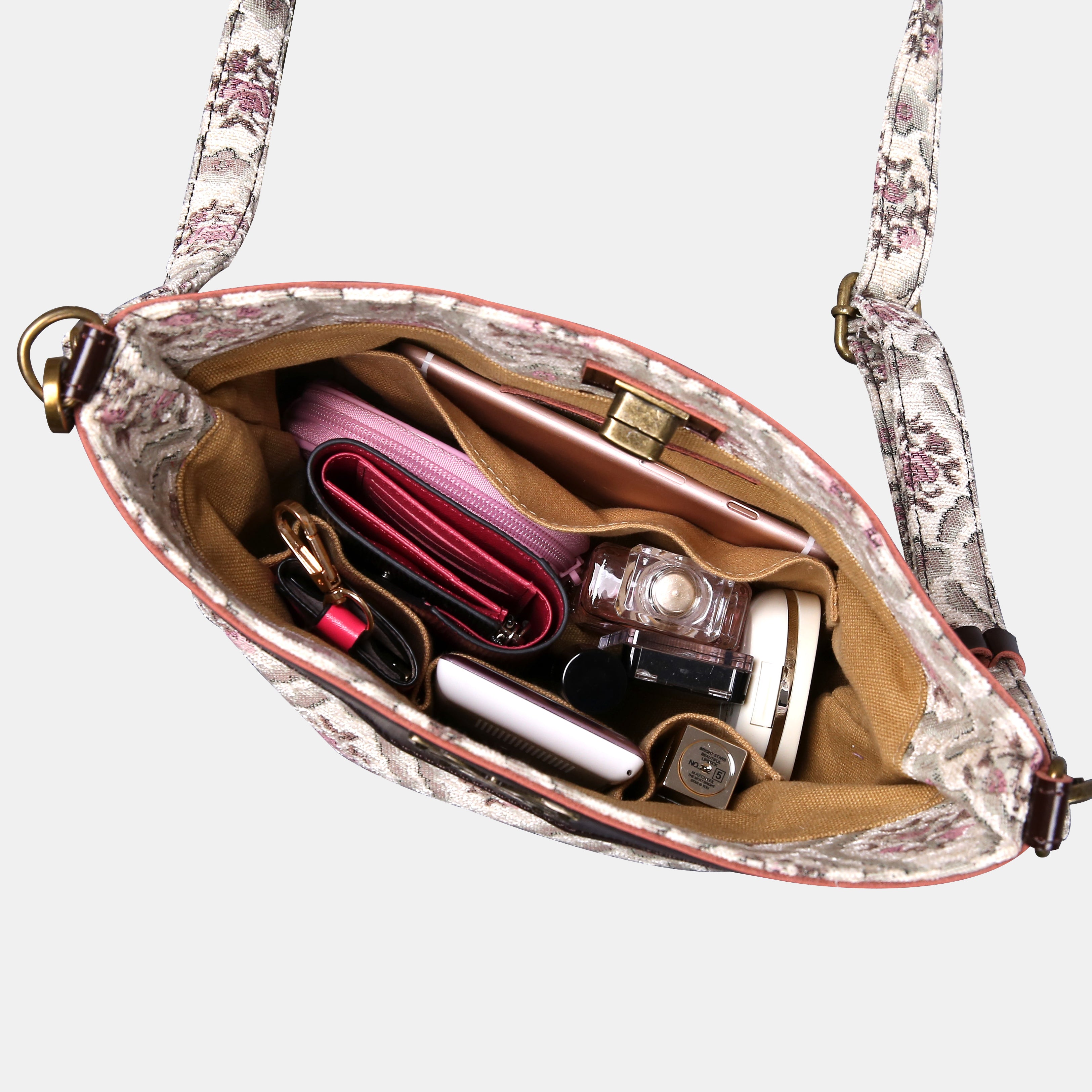 Traditional Cream Carpet Crossbody Bag carpet bag MCW Handmade of America in use