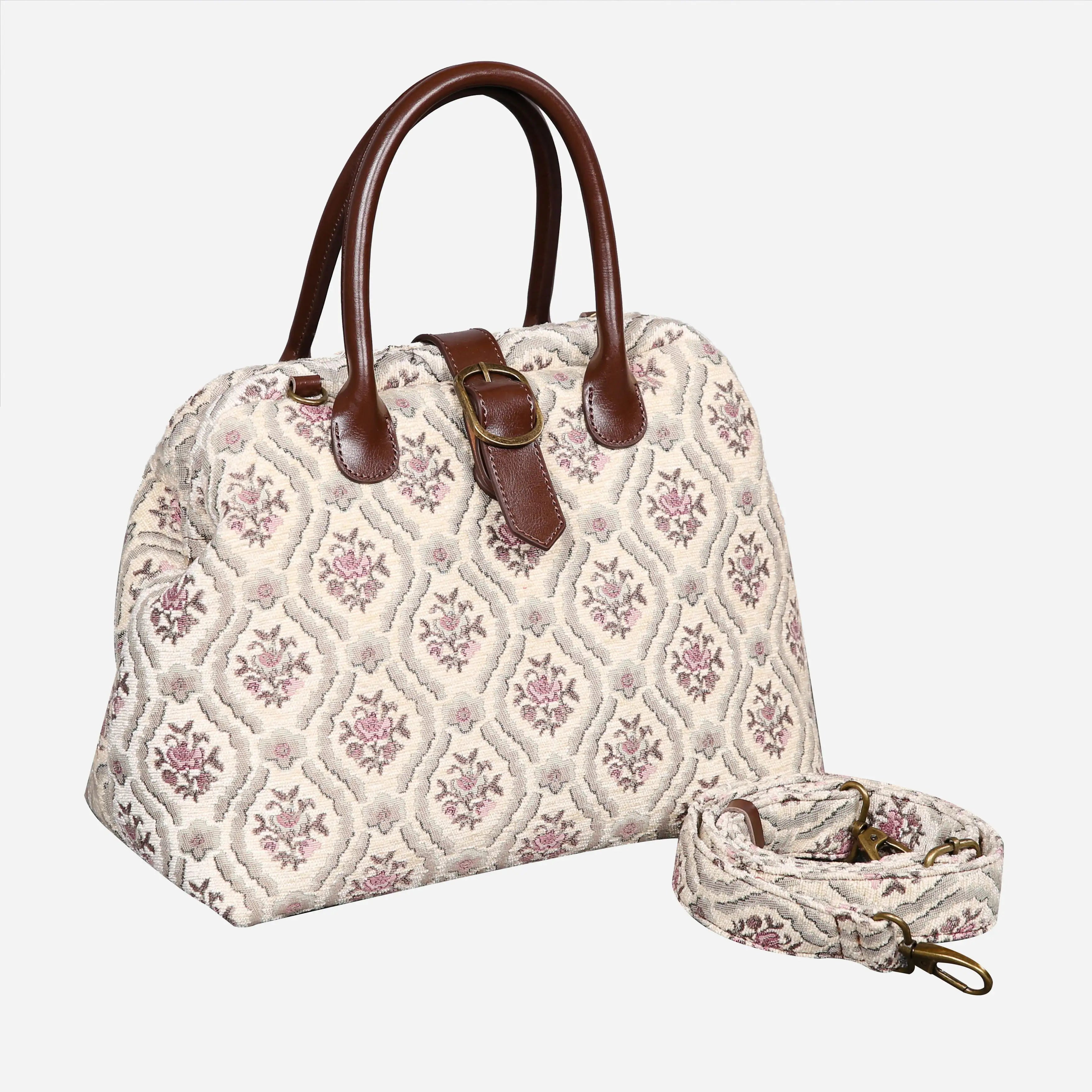 Traditional Cream Carpet Handbag Purse carpet bag MCW Handmade of America with shoulder strap