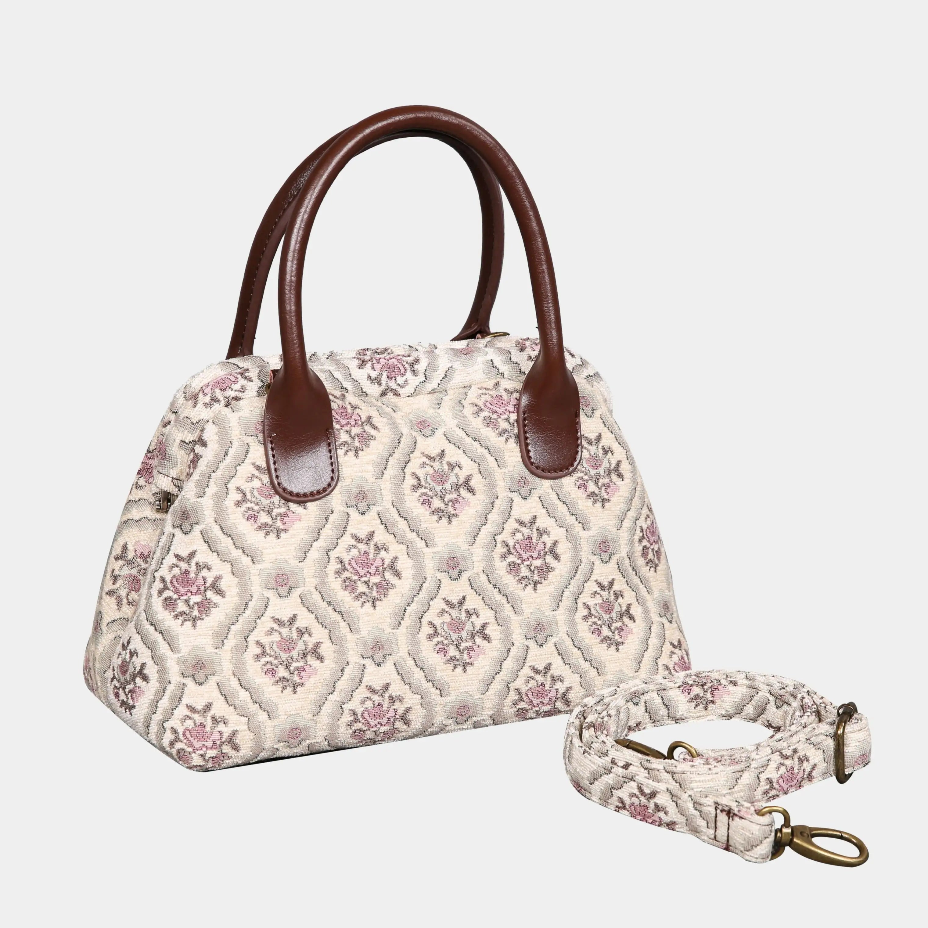 Traditional Cream Carpet Satchel carpet bag MCW Handmade of America with strap