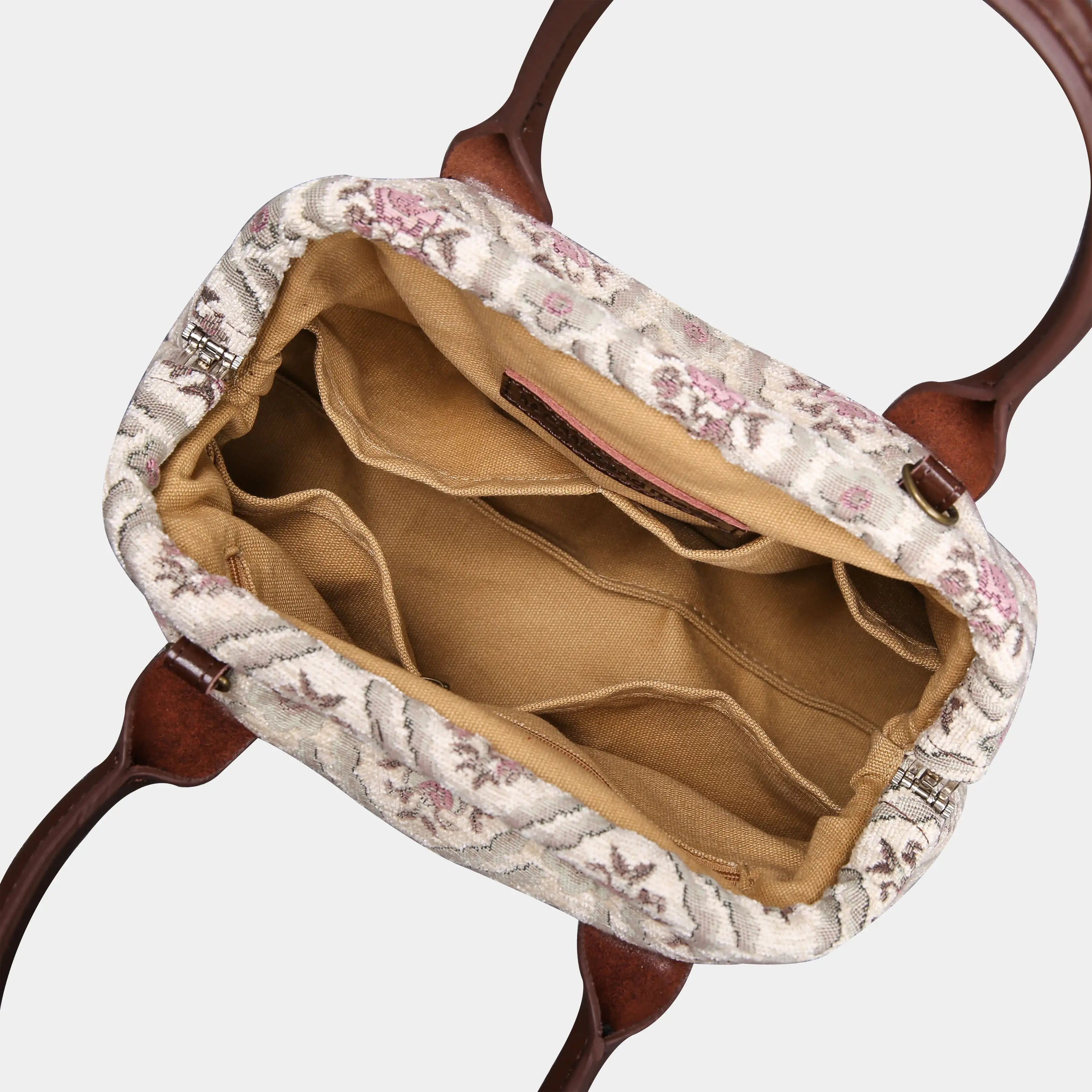 Traditional Cream Carpet Satchel carpet bag MCW Handmade of America open