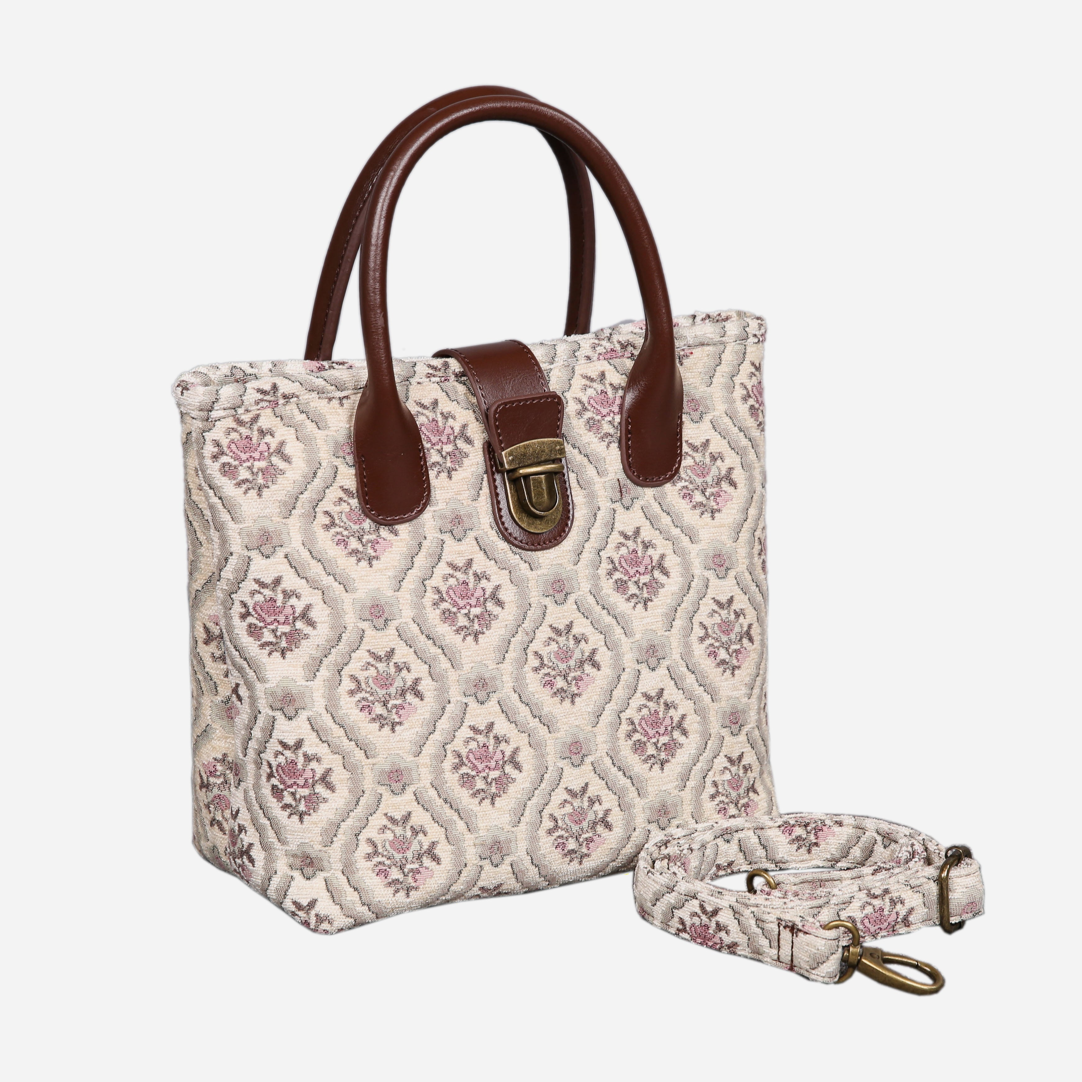 Traditional Cream Tuck Lock Carpet Satchel carpet bag MCW Handmade of America with strap