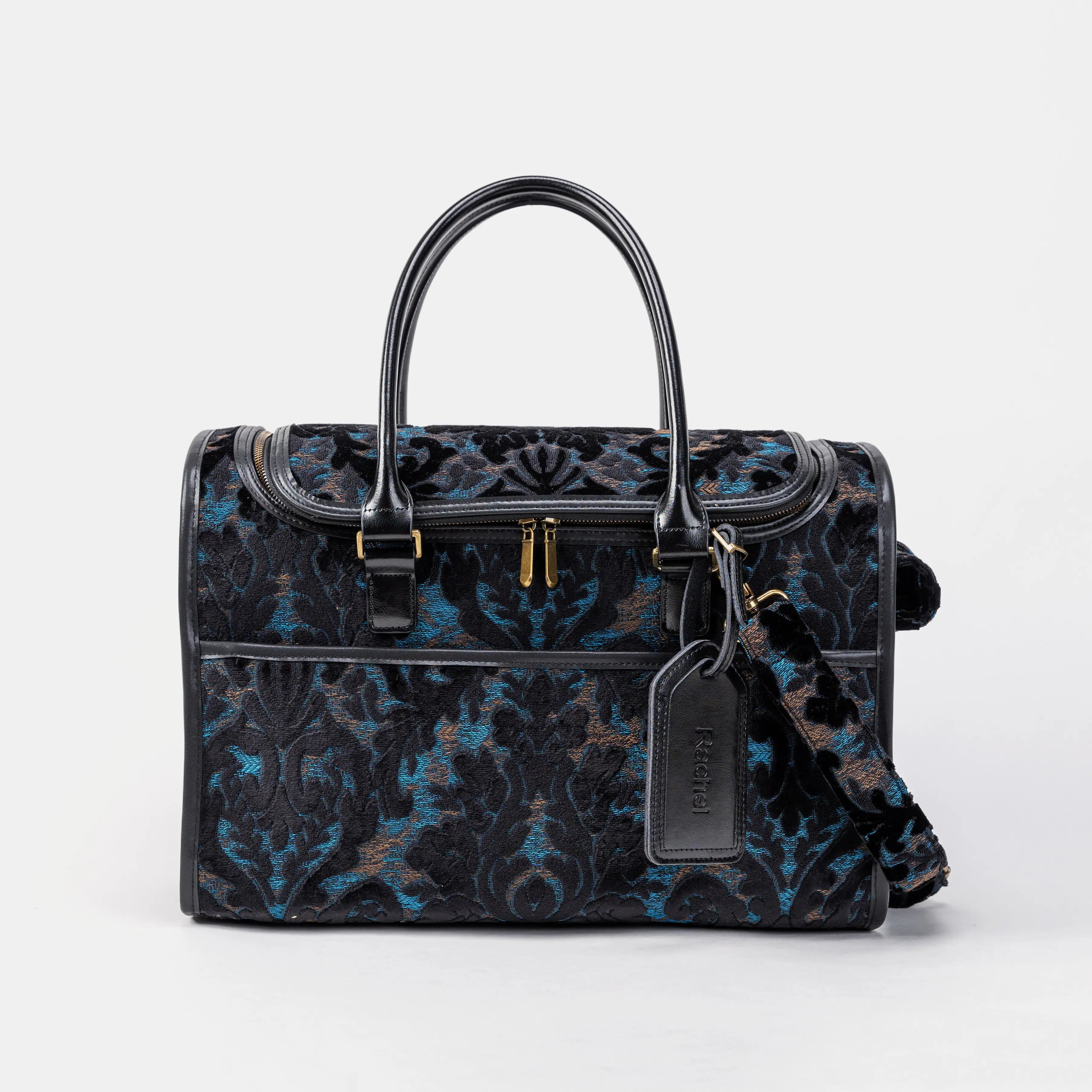 Travel Dog Carrier Bag Burnout Velvet Black of America Front