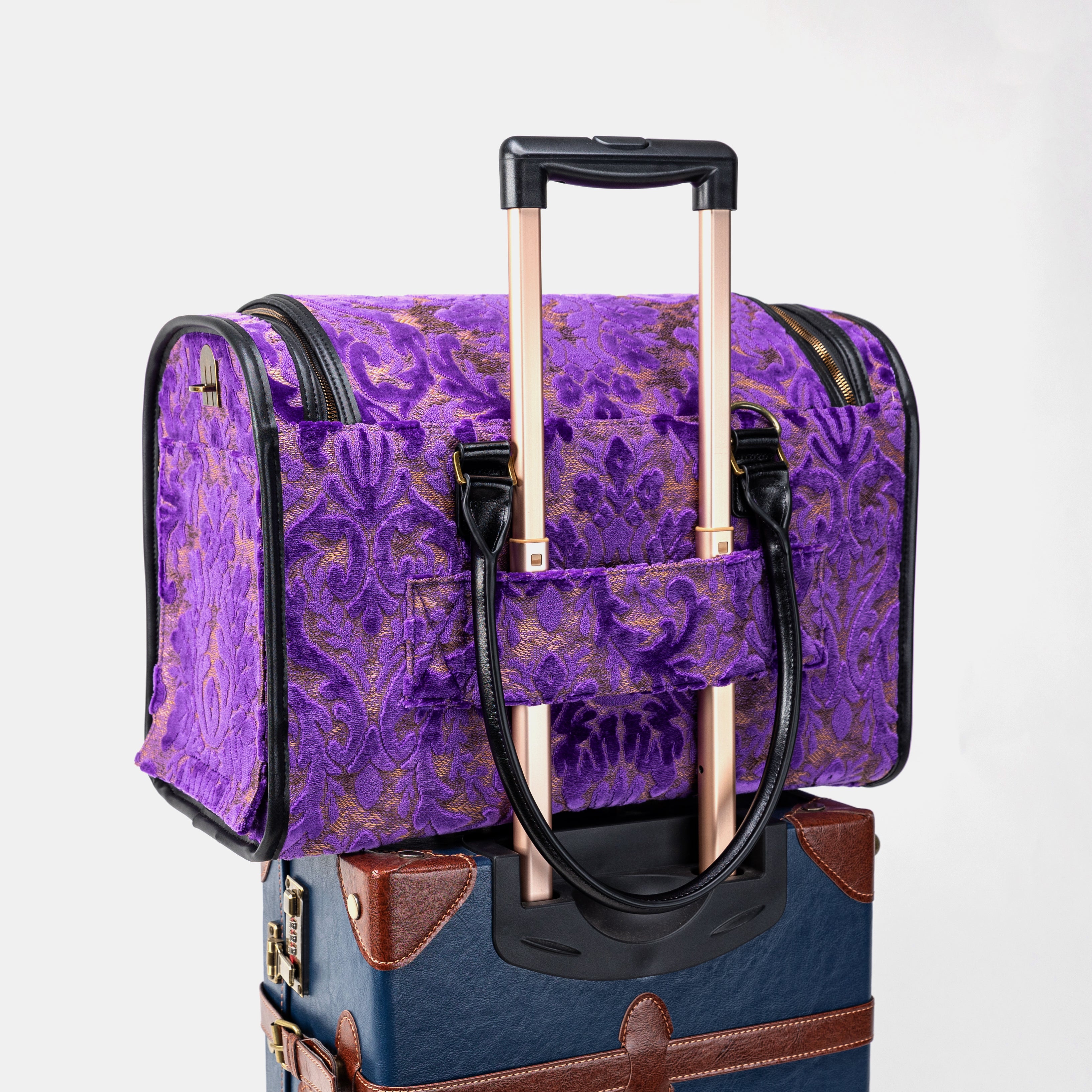 Travel Dog Carrier Bag Burnout Velvet Purple of America with Luggage Holder