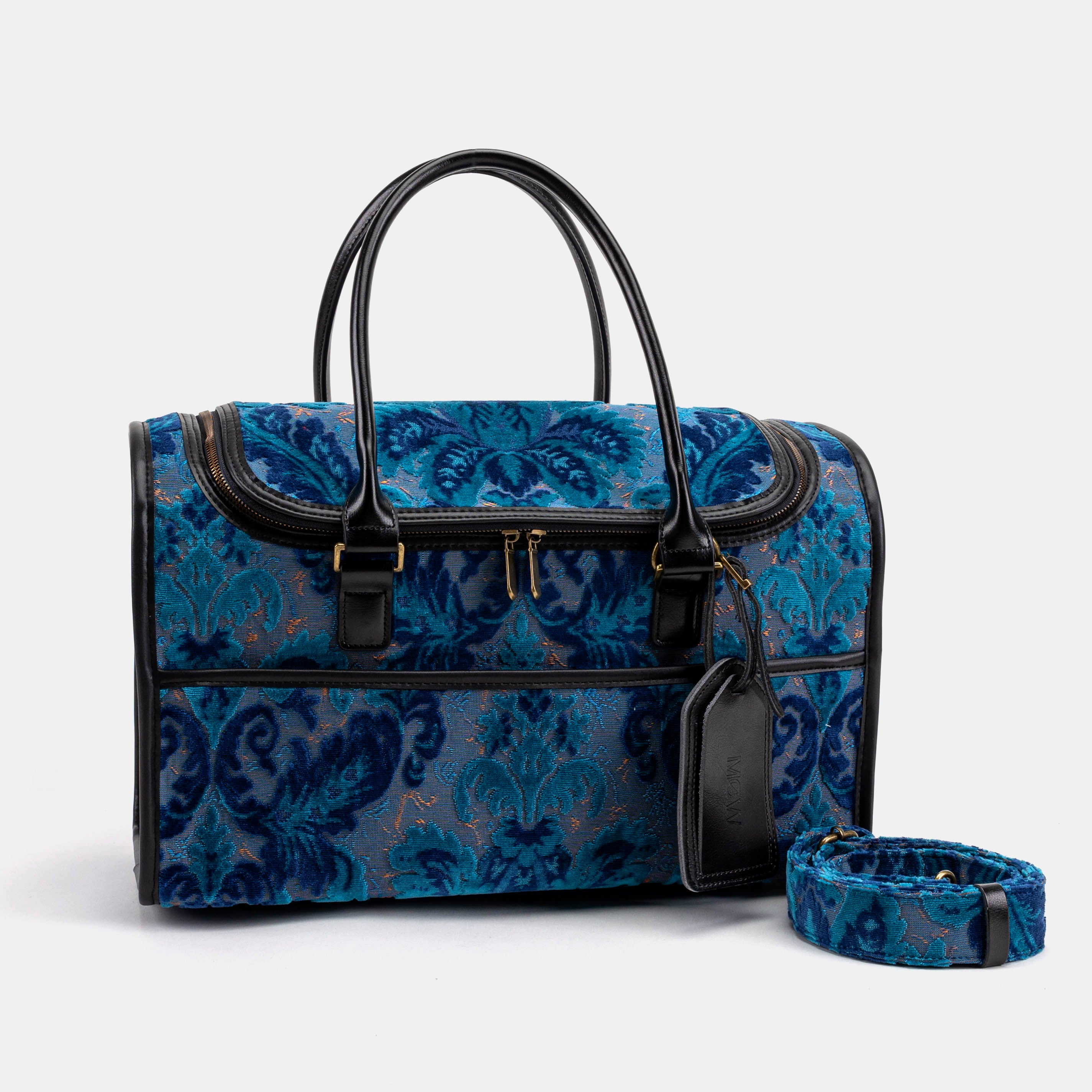 Travel Dog Carrier Burnout Velvet Revival Aqua of America with shoulder strap