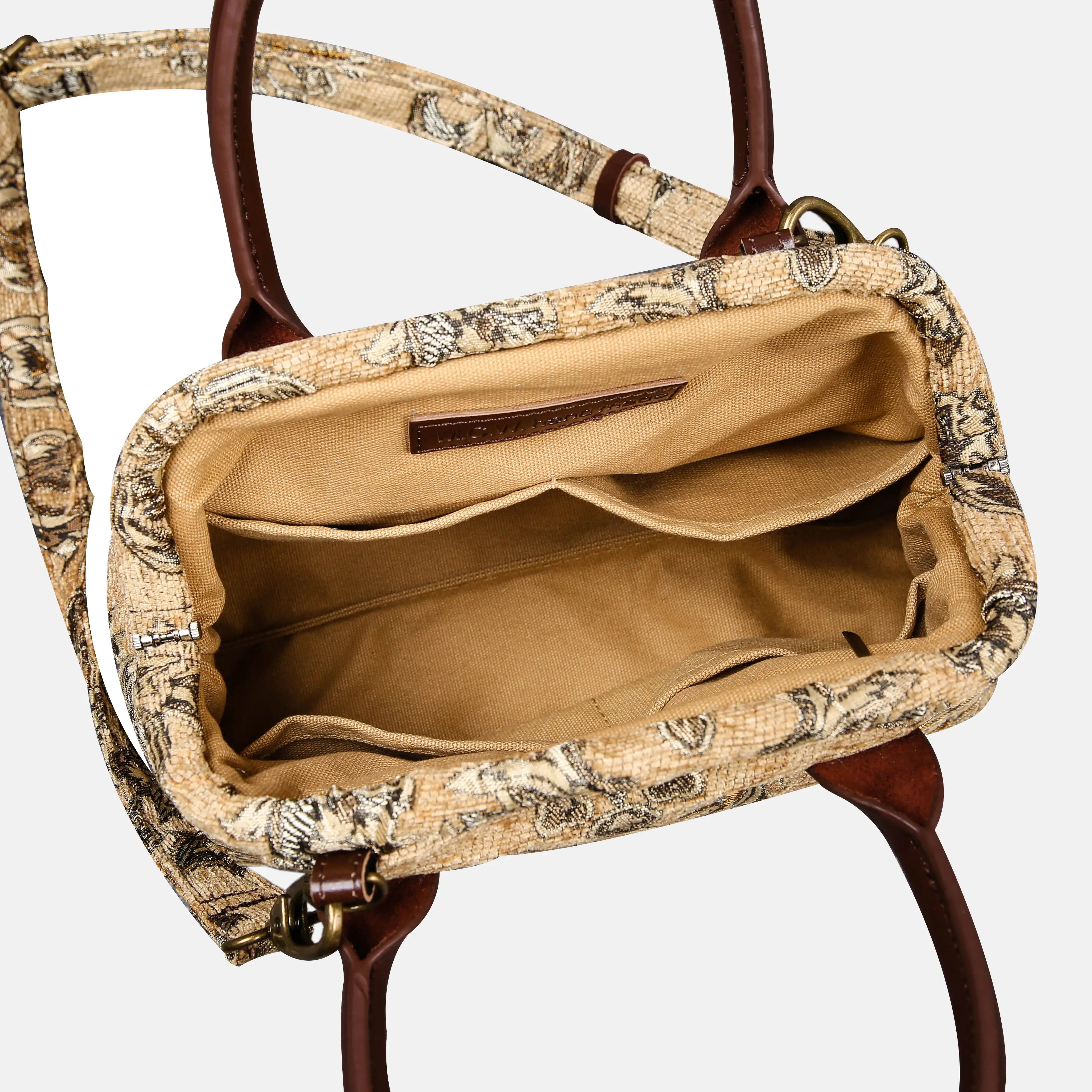 Victorian Blossom Beige-Gold Carpet Satchel carpet bag MCW Handmade of America open