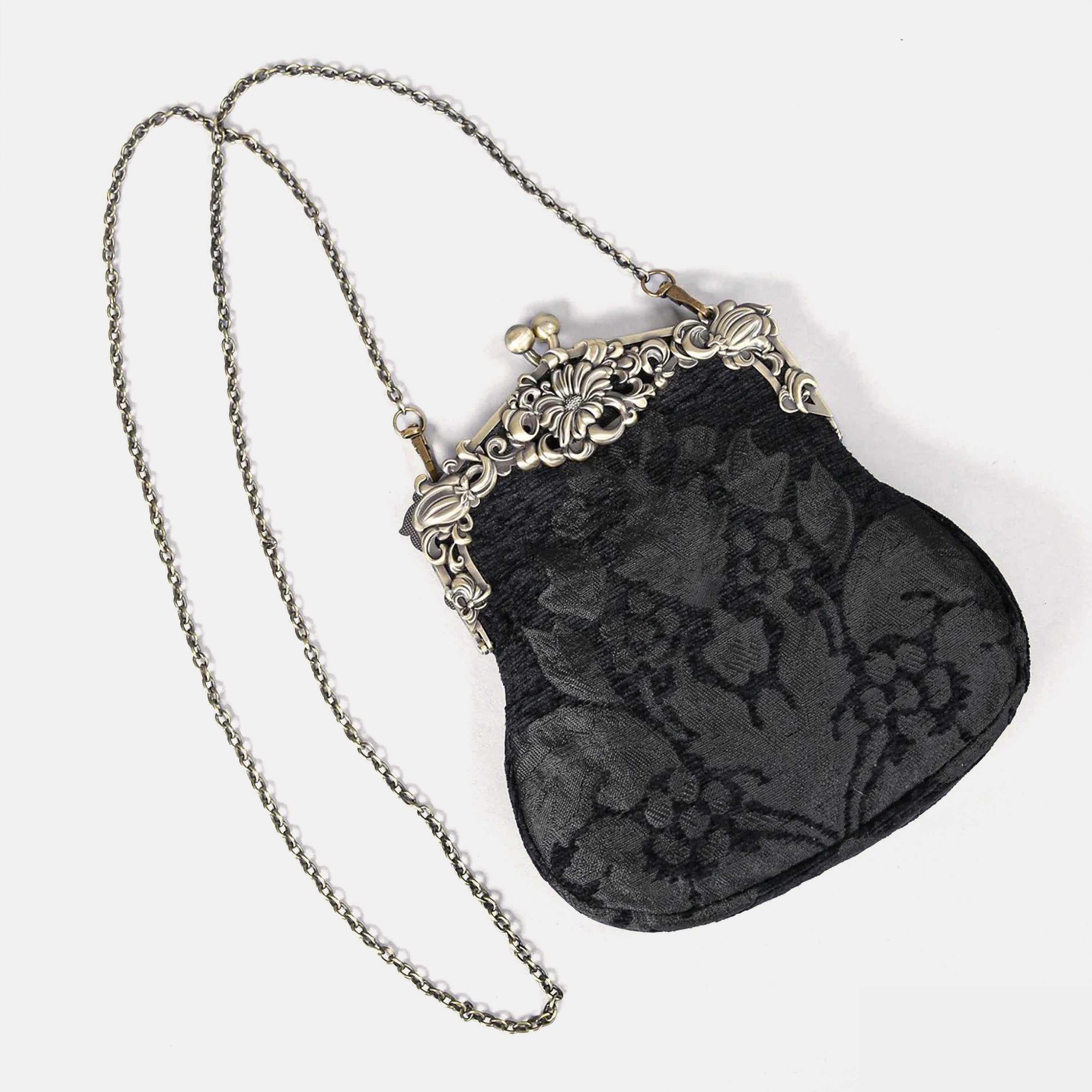 Victorian Blossom blk Chatelaine Purse Large carpet bag of America with chain