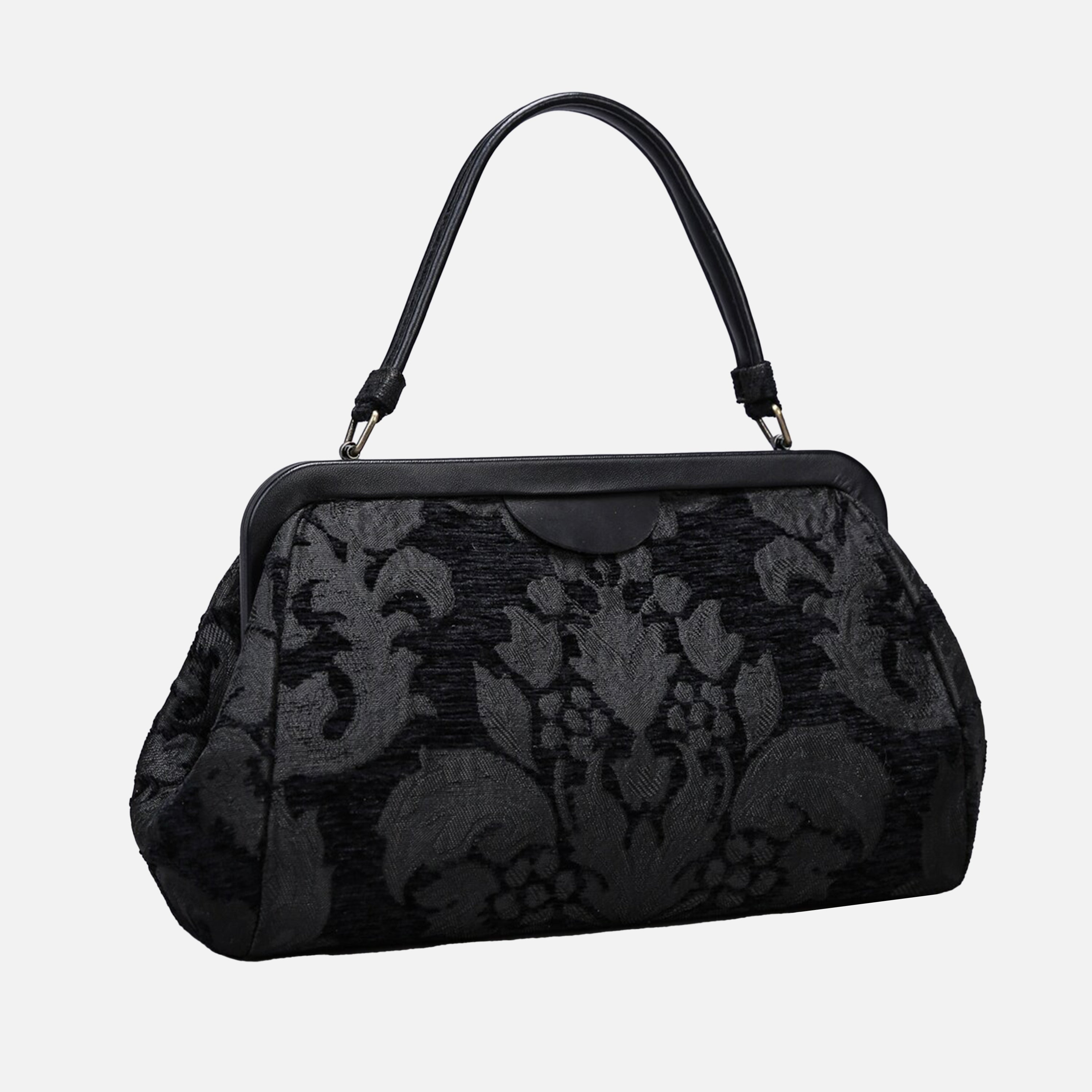 Victorian Blossom Black Top Handle Purse carpet bag of America front side