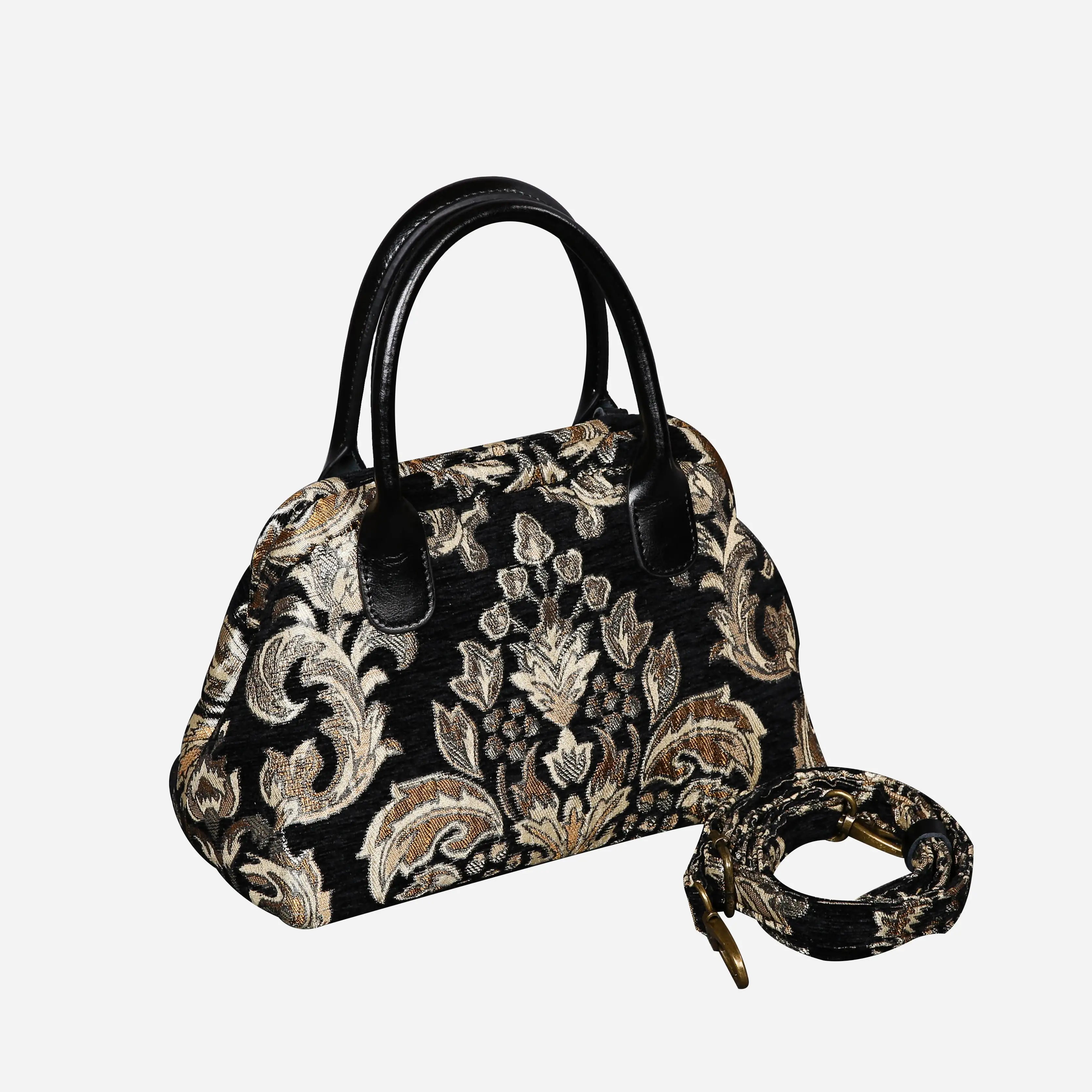 Victorian Blossom BLK-GOLD Carpet Satchel carpet bag MCW Handmade of America with strap