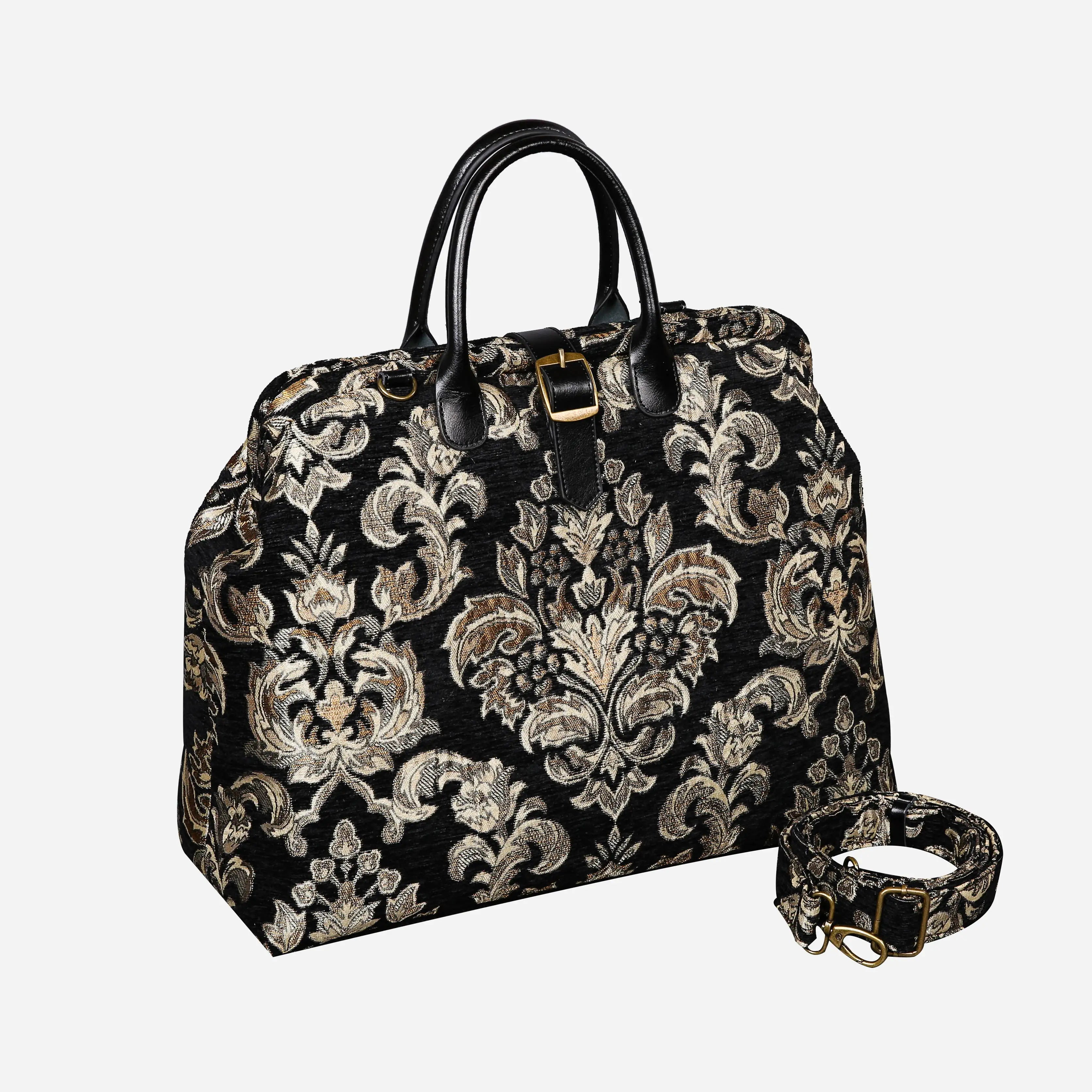 Victorian Blossom Black-Gold Mary Poppins Weekender Carpetbag with shoulder strap