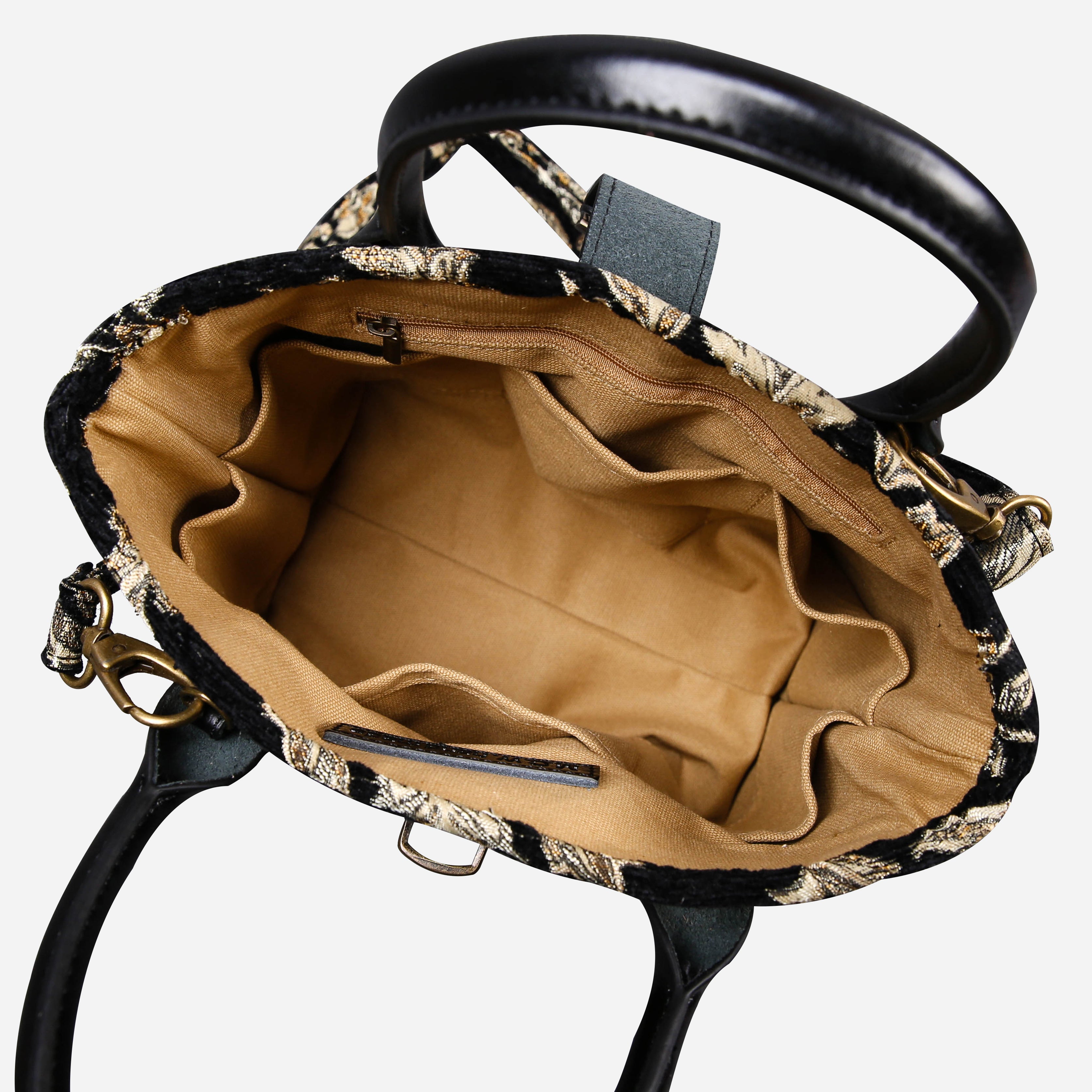 Victorian Blossom BLK-GOLD Tuck Lock Carpet Satchel carpet bag MCW Handmade of America inside