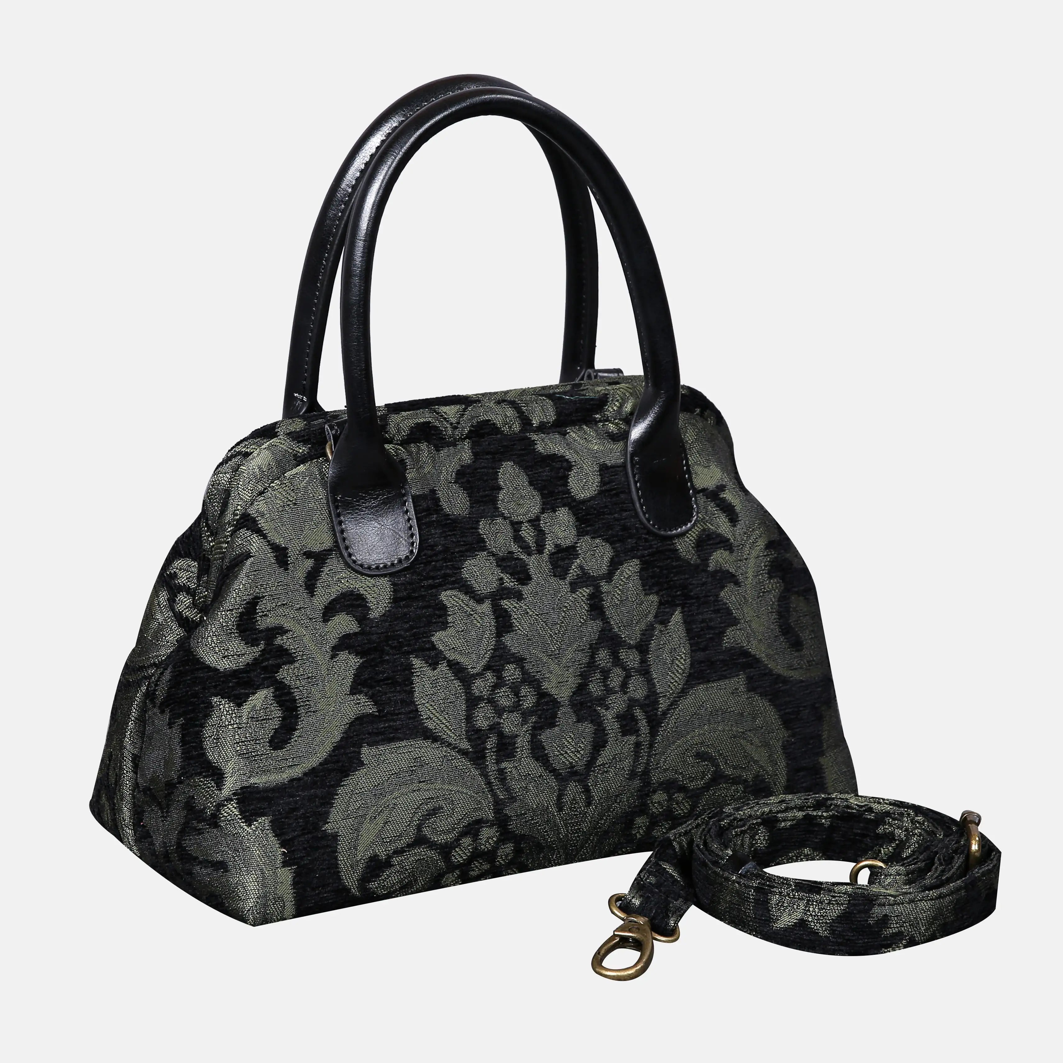 Victorian Blossom Black/Green Carpet Satchel carpet bag MCW Handmade of America with strap