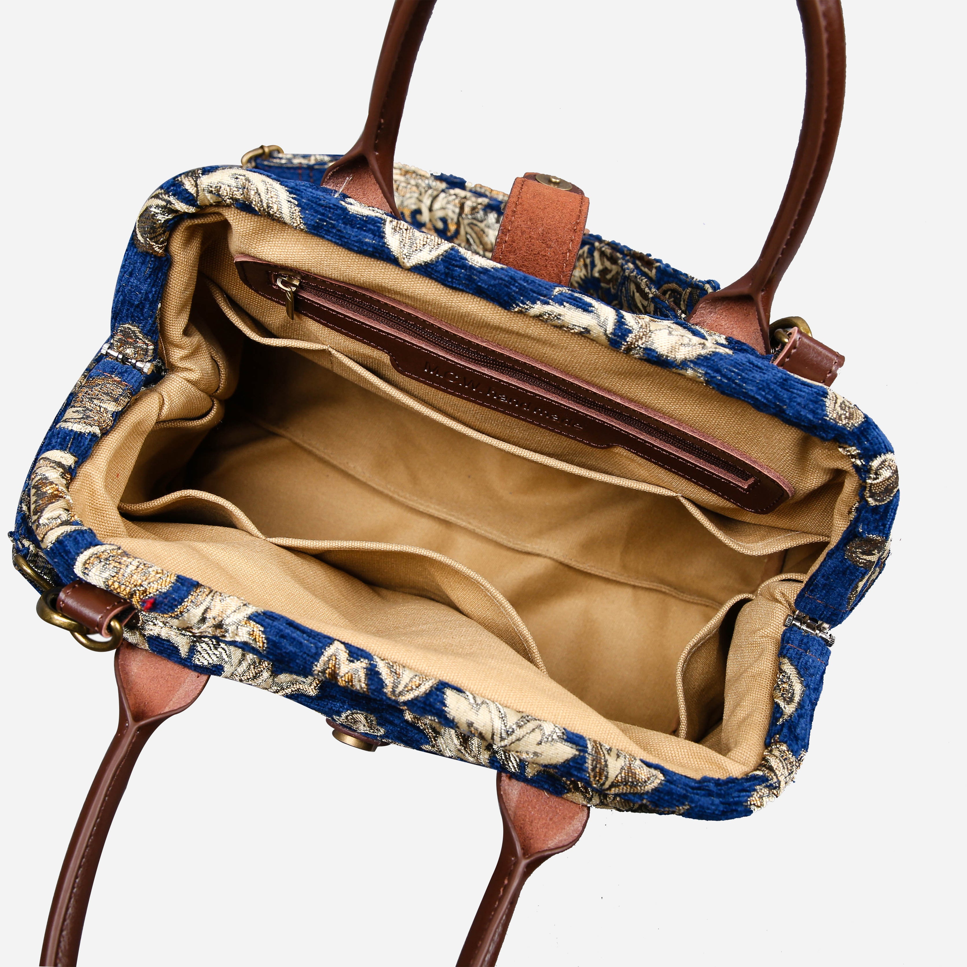 Victorian Blossom BLUE-GOLD Carpet Handbag Purse carpet bag MCW Handmade of America open