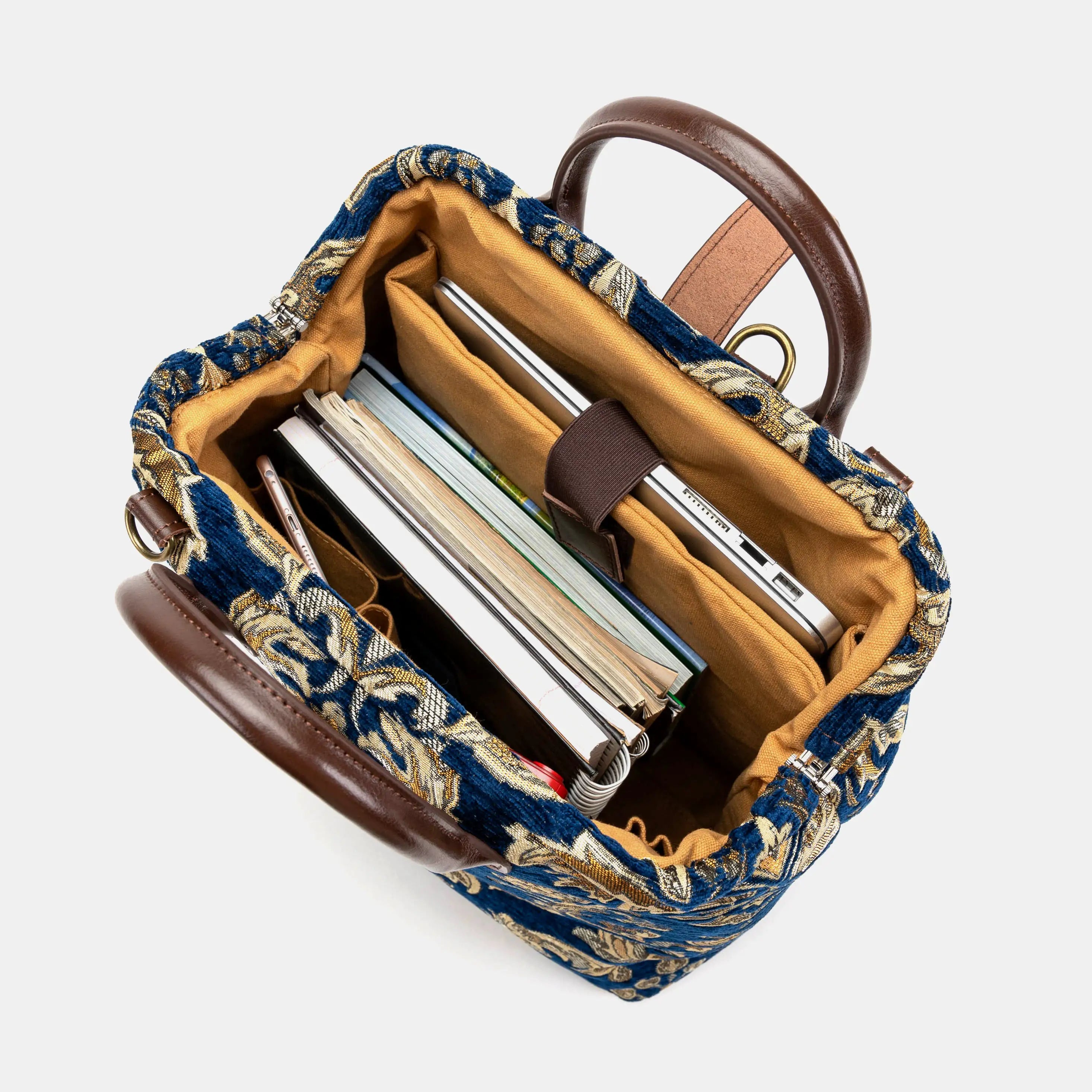 Victorian Blossom Blue/Gold Carpet Laptop Backpack of America inside