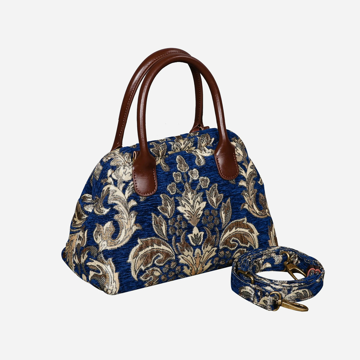 Victorian Blossom BLUE-GOLD Carpet Satchel carpet bag MCW Handmade of America with strap