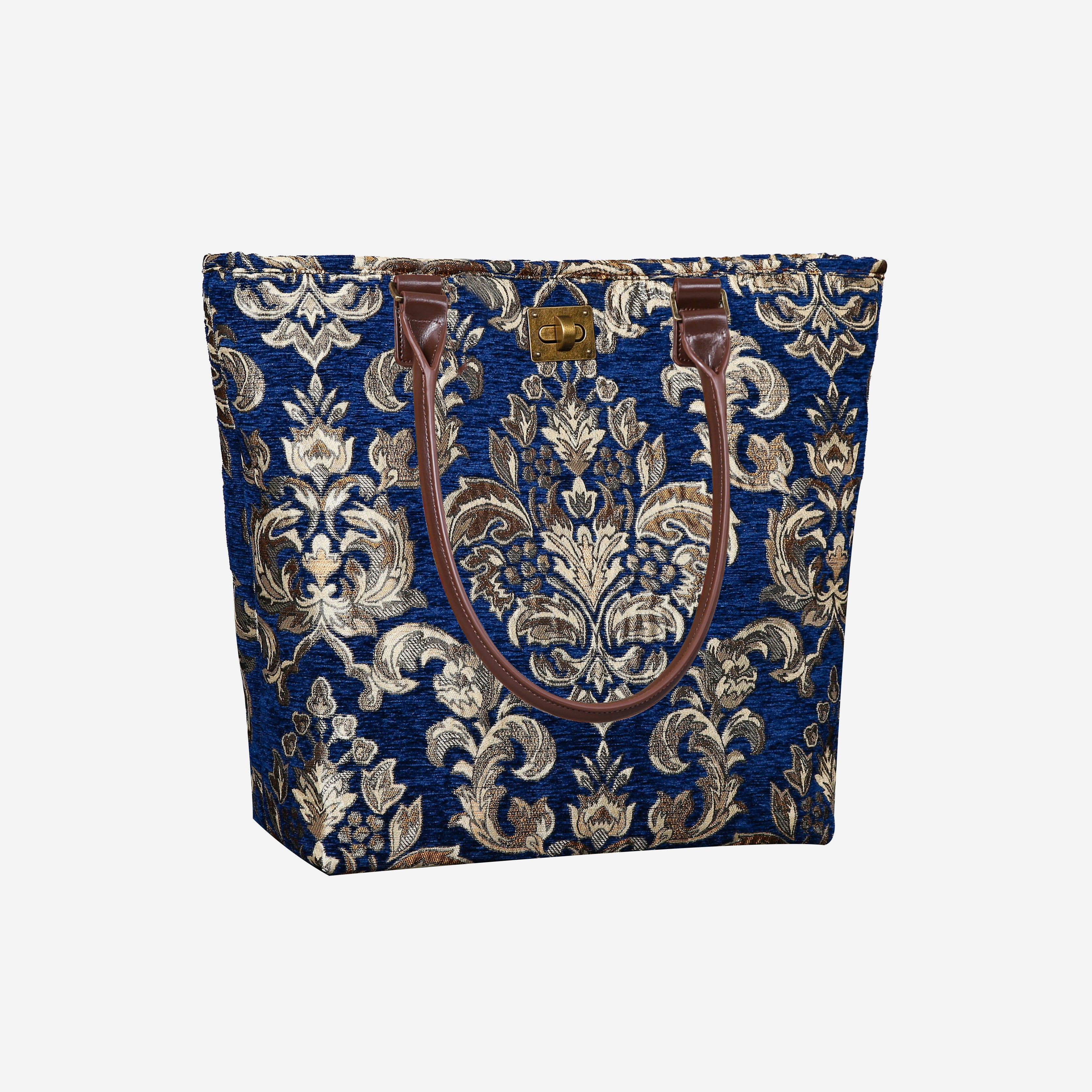 Victorian Blossom Blue gold Carpet Tote Shopper Carpetbag of America handle down