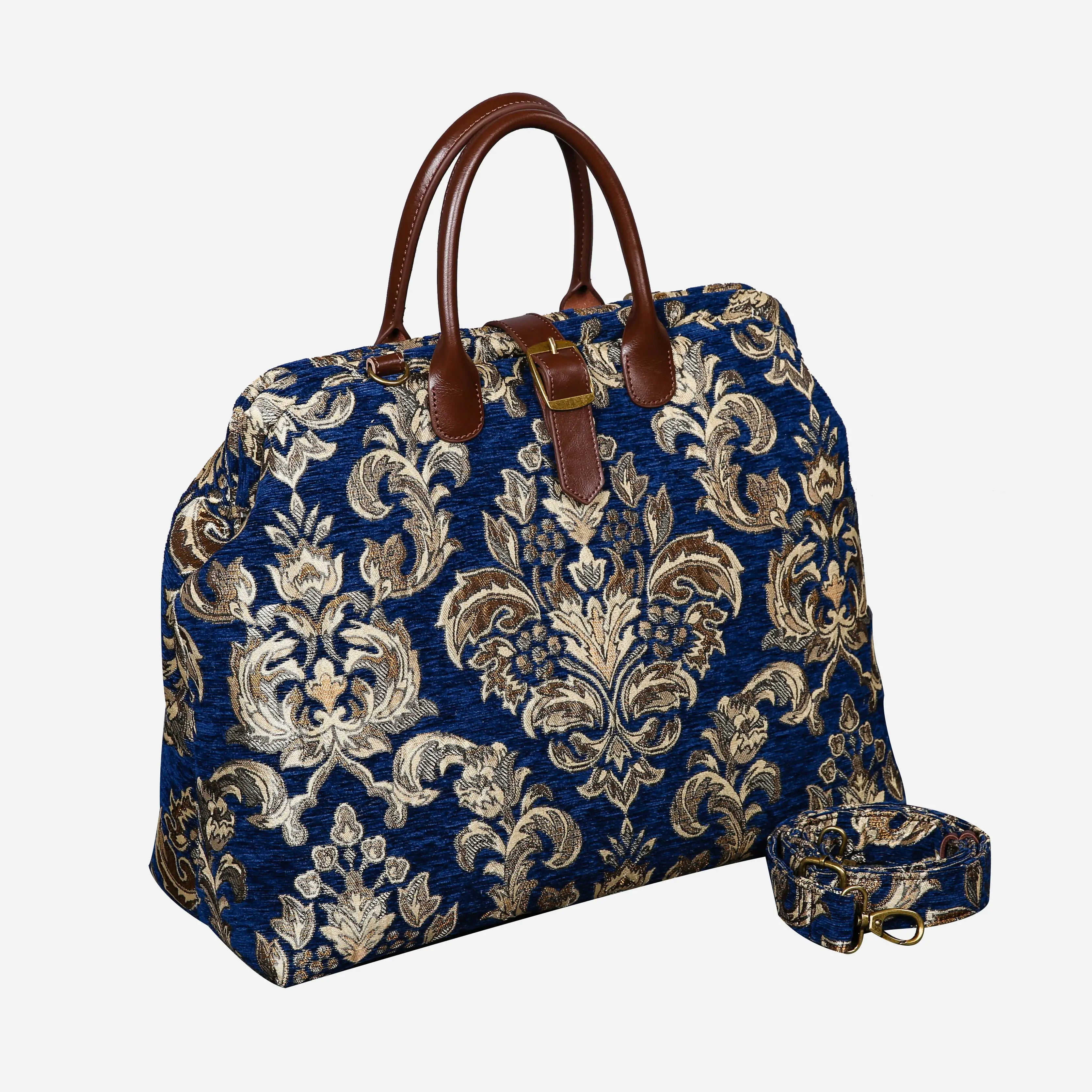 Victorian Blossom Blue-Gold Mary Poppins Weekender Carpetbag with shoulder strap