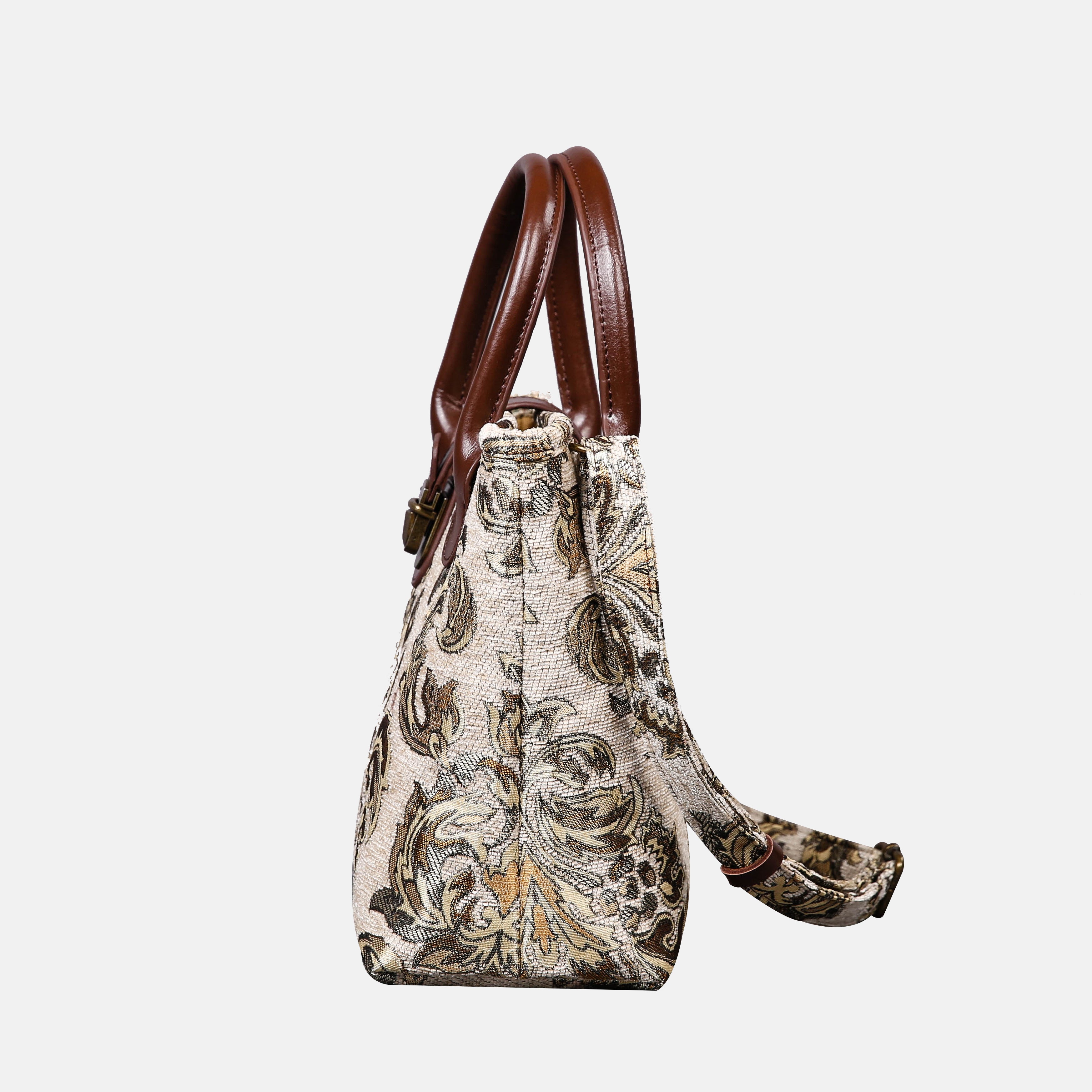 Victorian Blossom Cream-Gold Tuck Lock Carpet Satchel carpet bag MCW Handmade of America side