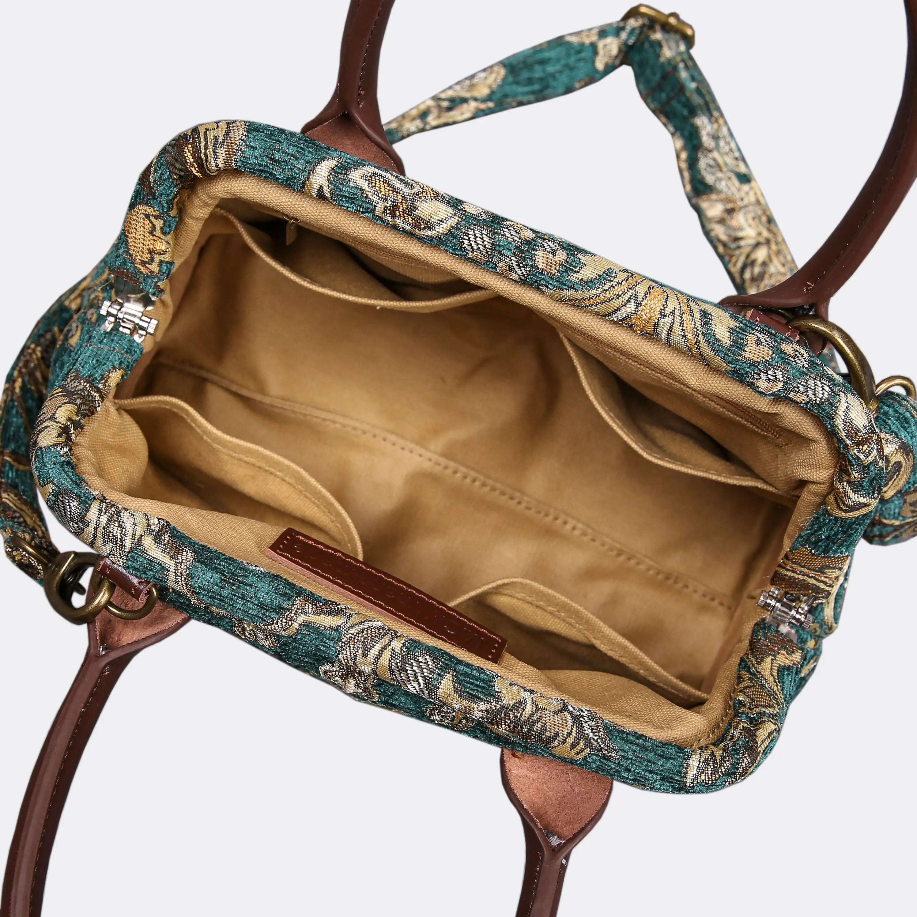Victorian Blossom Green/Gold Carpet Satchel carpet bag MCW Handmade of America open