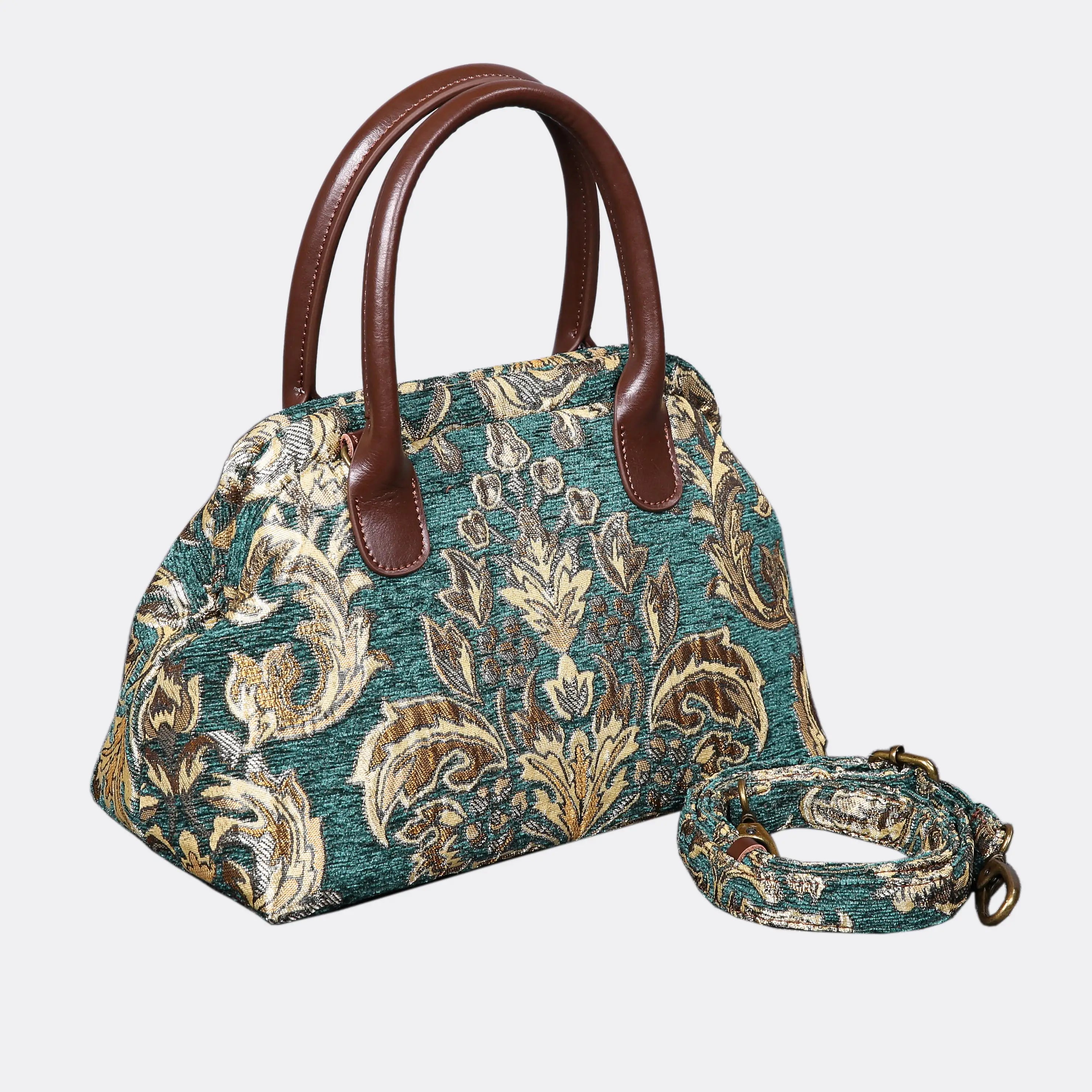Victorian Blossom Green/Gold Carpet Satchel carpet bag MCW Handmade of America with strap