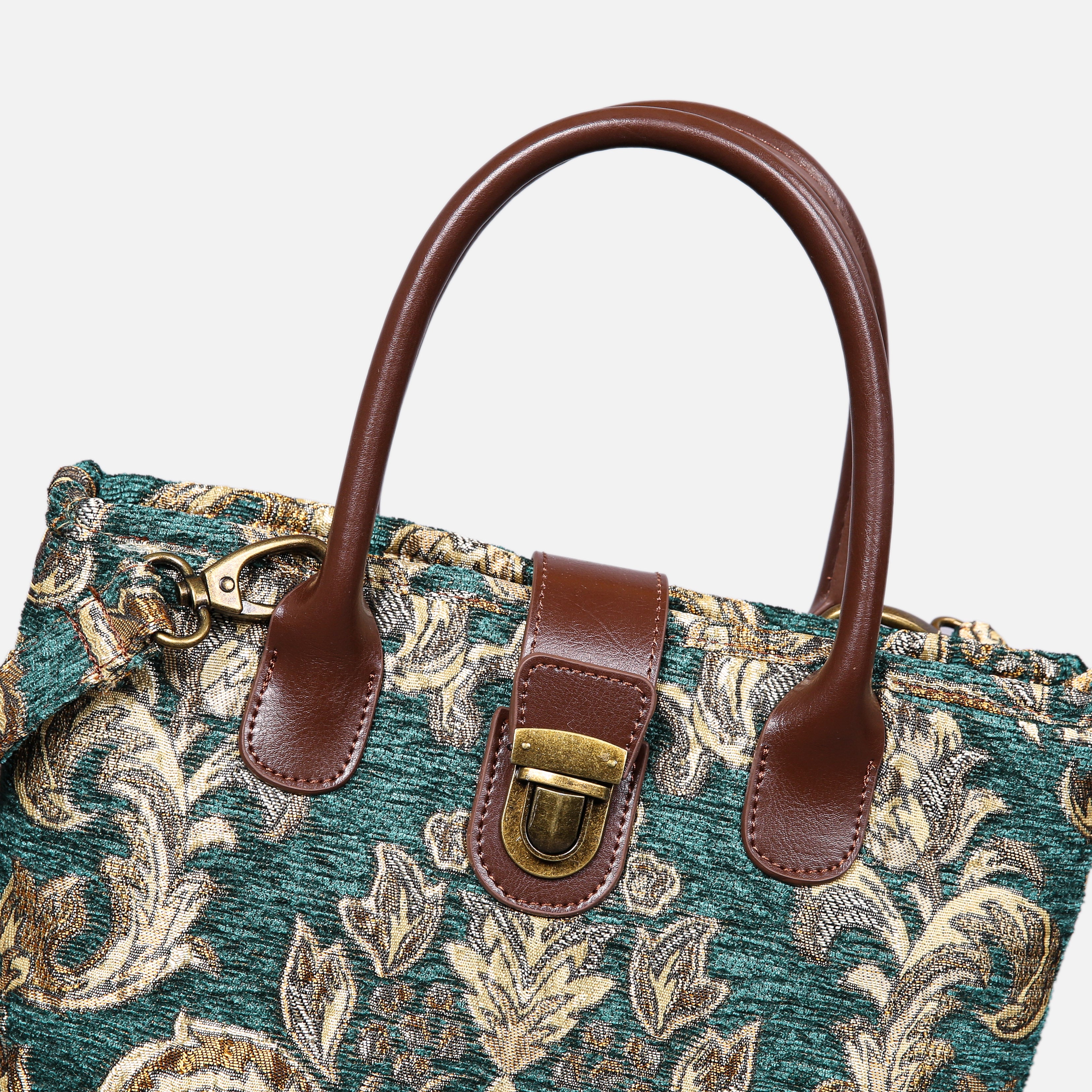 Blossom Green/Gold Tuck Lock Carpet Satchel carpet bag MCW Handmade of America details