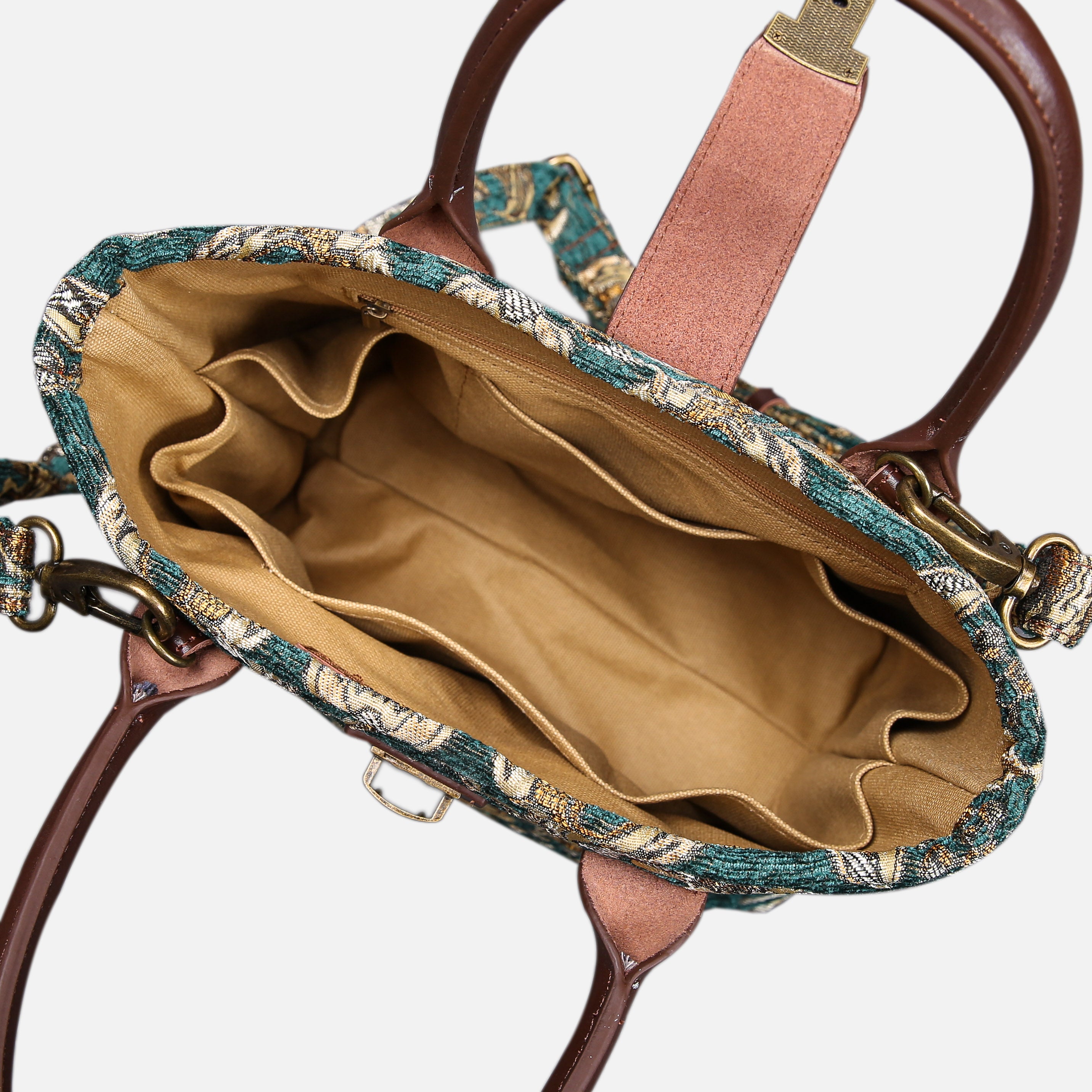 Blossom Green/Gold Tuck Lock Carpet Satchel carpet bag MCW Handmade of America inside