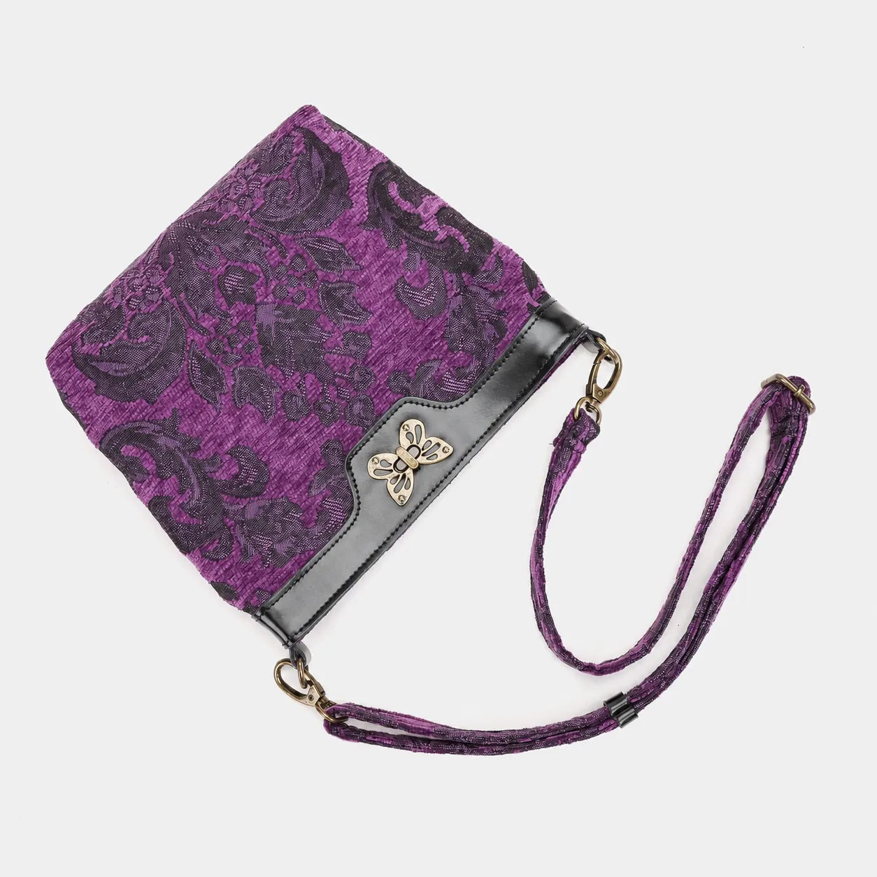 Victorian Blossom Purple Butterfly Crossbody Bag Carpet bag of America-lay flat