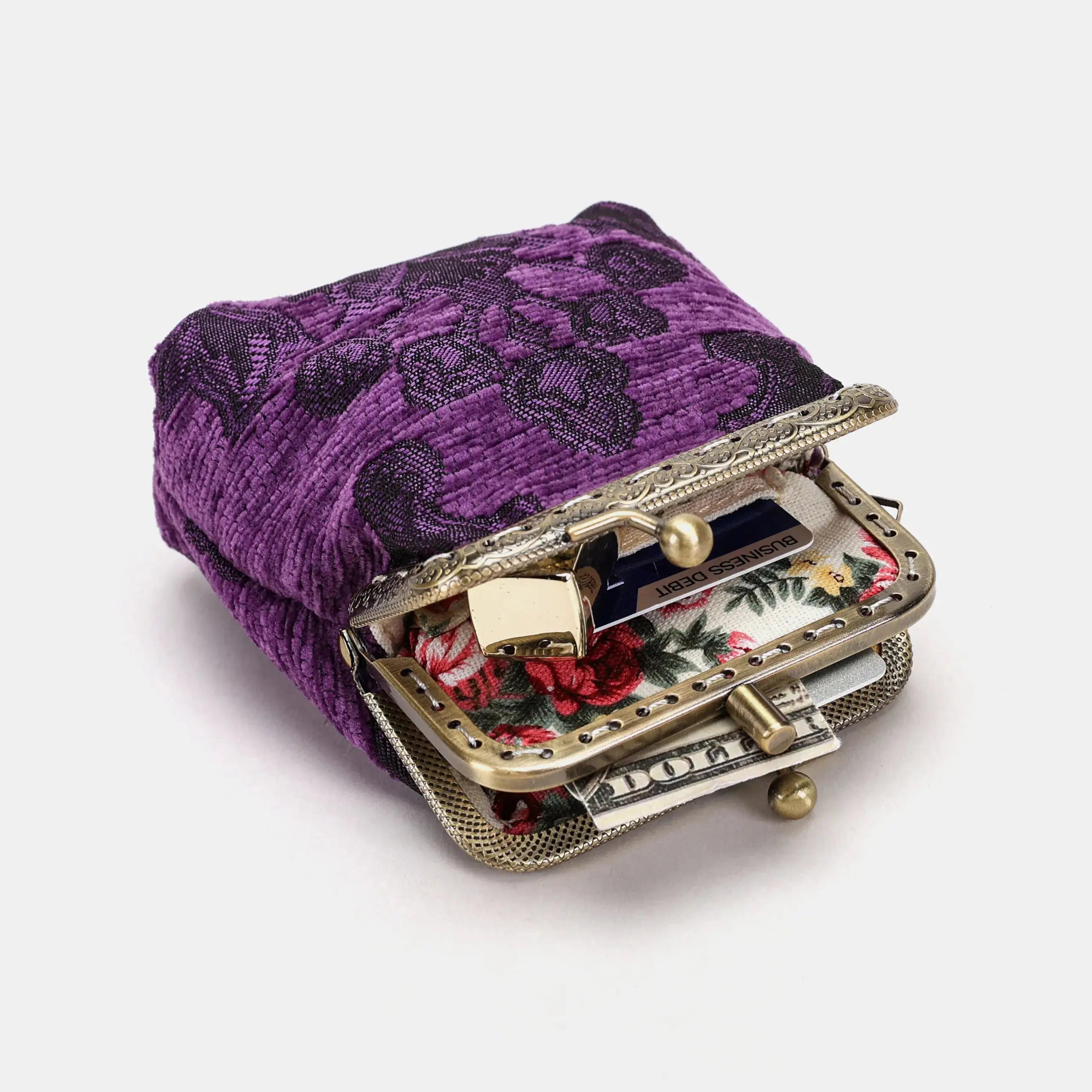 Victorian Blossom Purple Double Kiss Clasp Coin Purse Carpetbag of America with cards-4