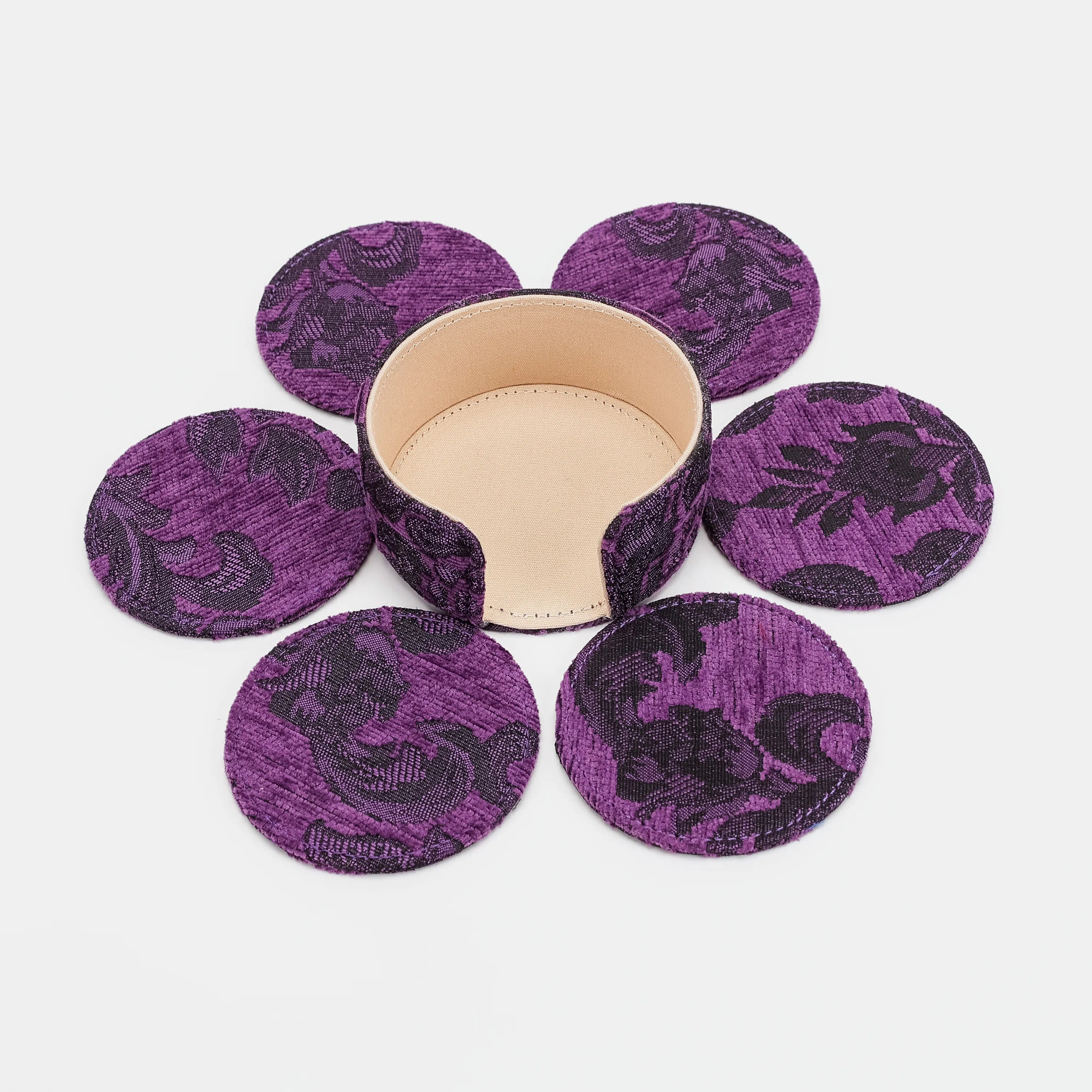 Victorian Blossom Purple Round Coaster Set with Holder of America-6 pcs with holder