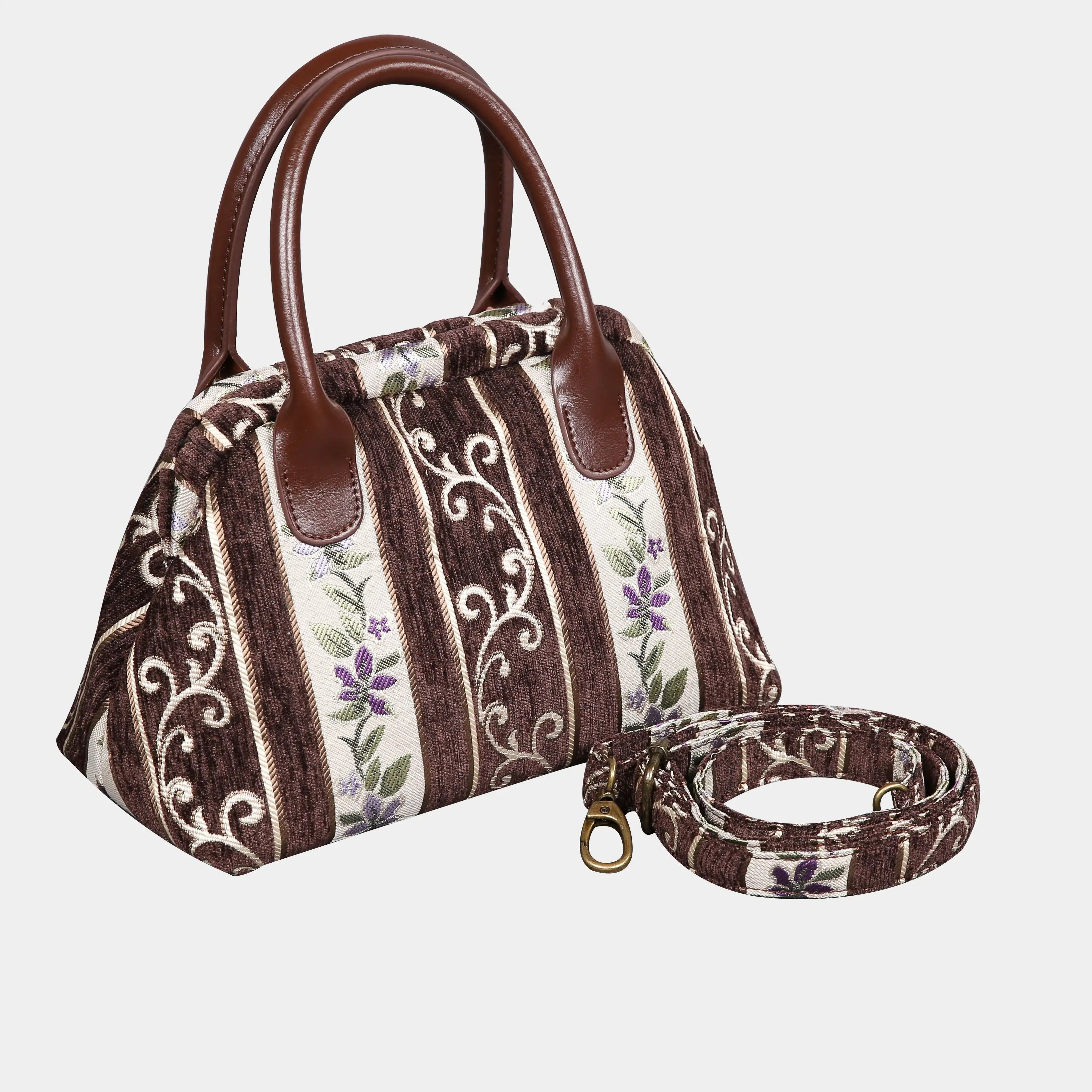Victorian Stripes Brown Carpet Satchel Carpetbag of America with strap