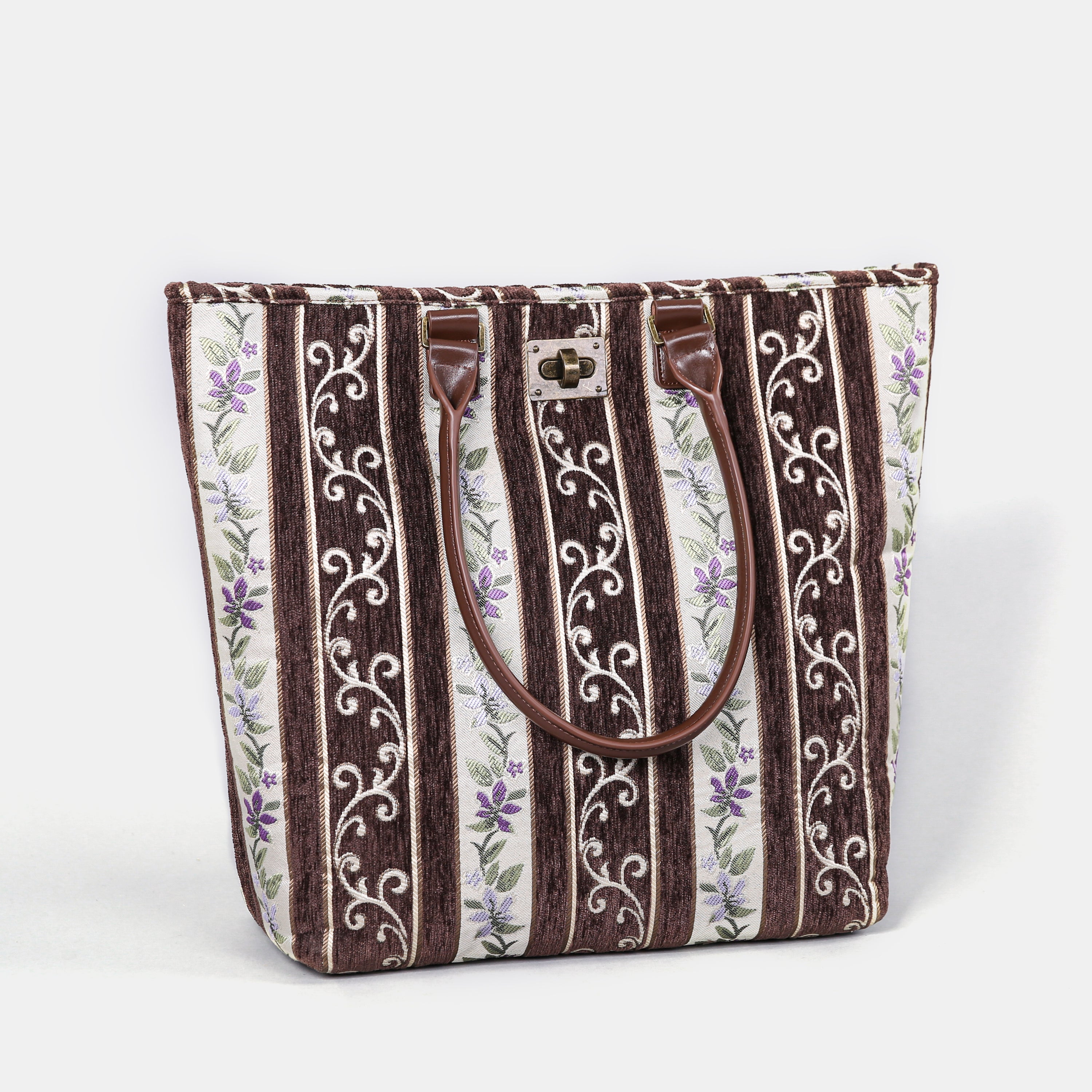 Victorian Strips Coffee Carpet Tote Shopper carpet bag MCW Handmade of America front