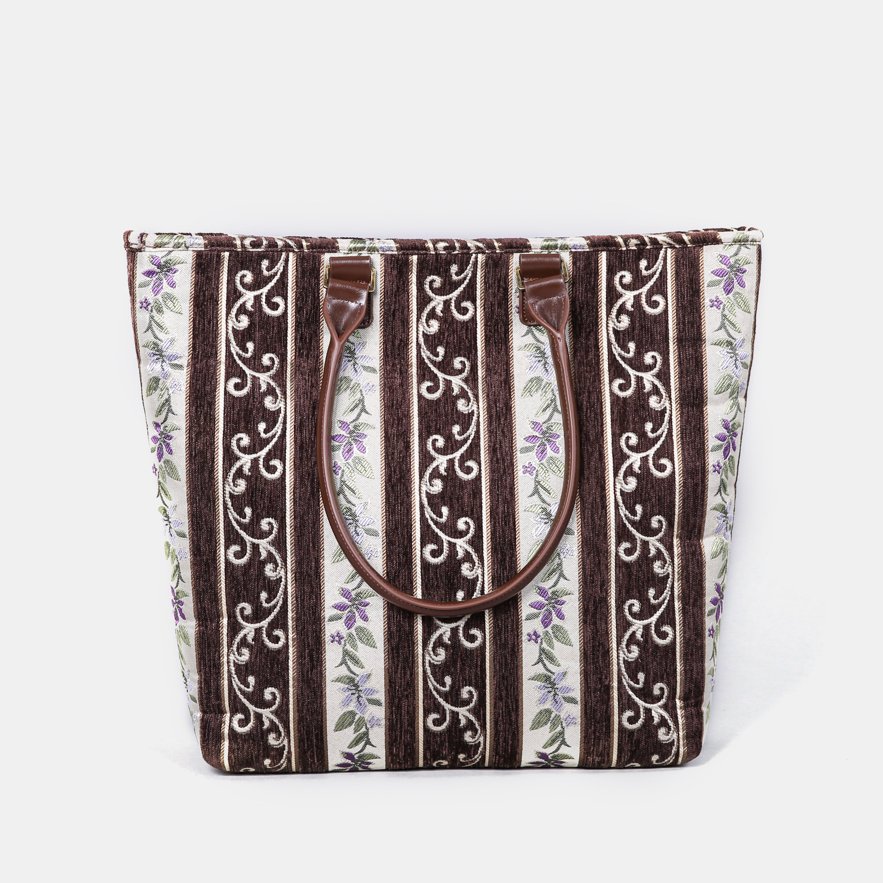 Victorian Strips Coffee Carpet Tote Shopper carpet bag MCW Handmade of America handle down