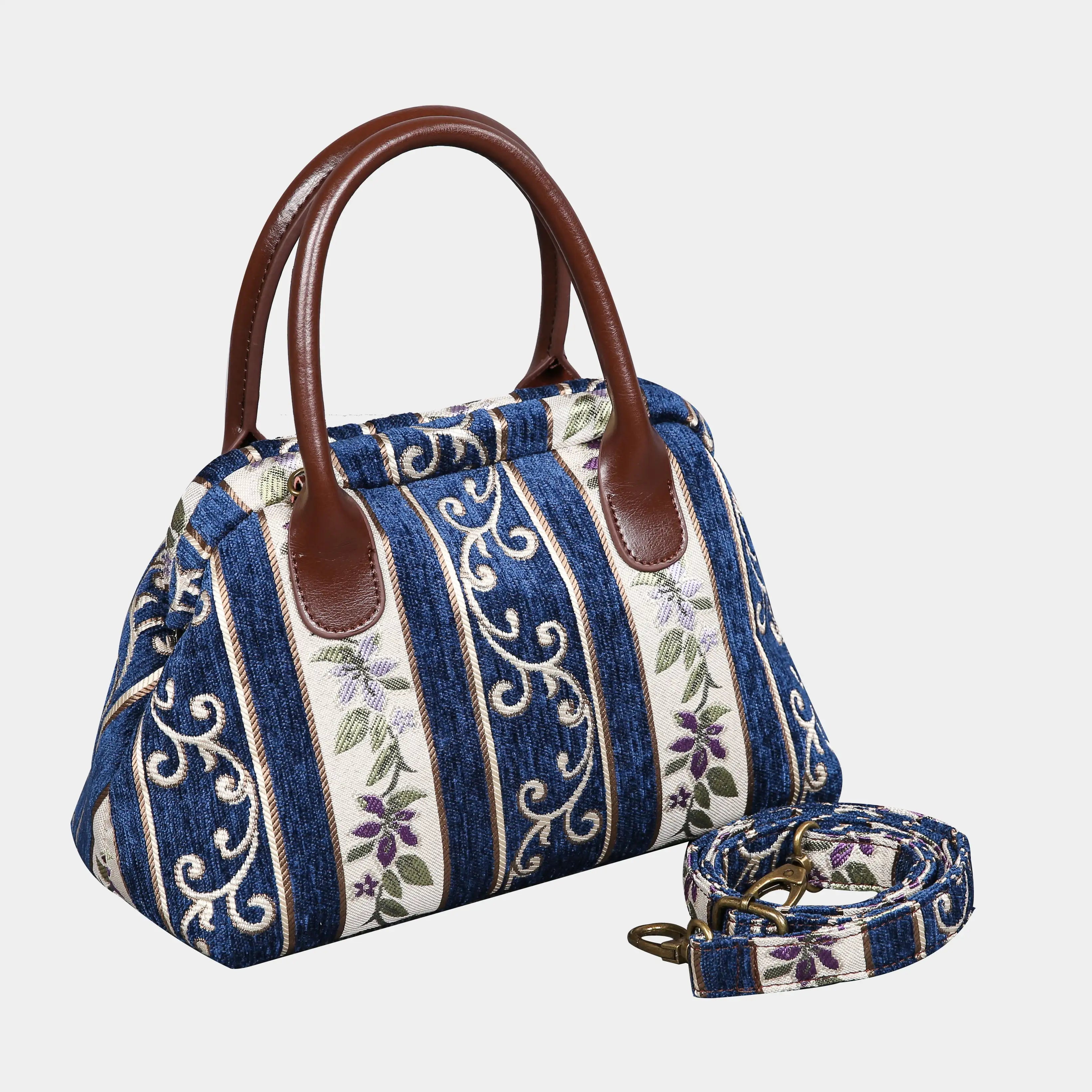 Victorian Stripes Navy Carpet Satchel Carpetbag of America with strap