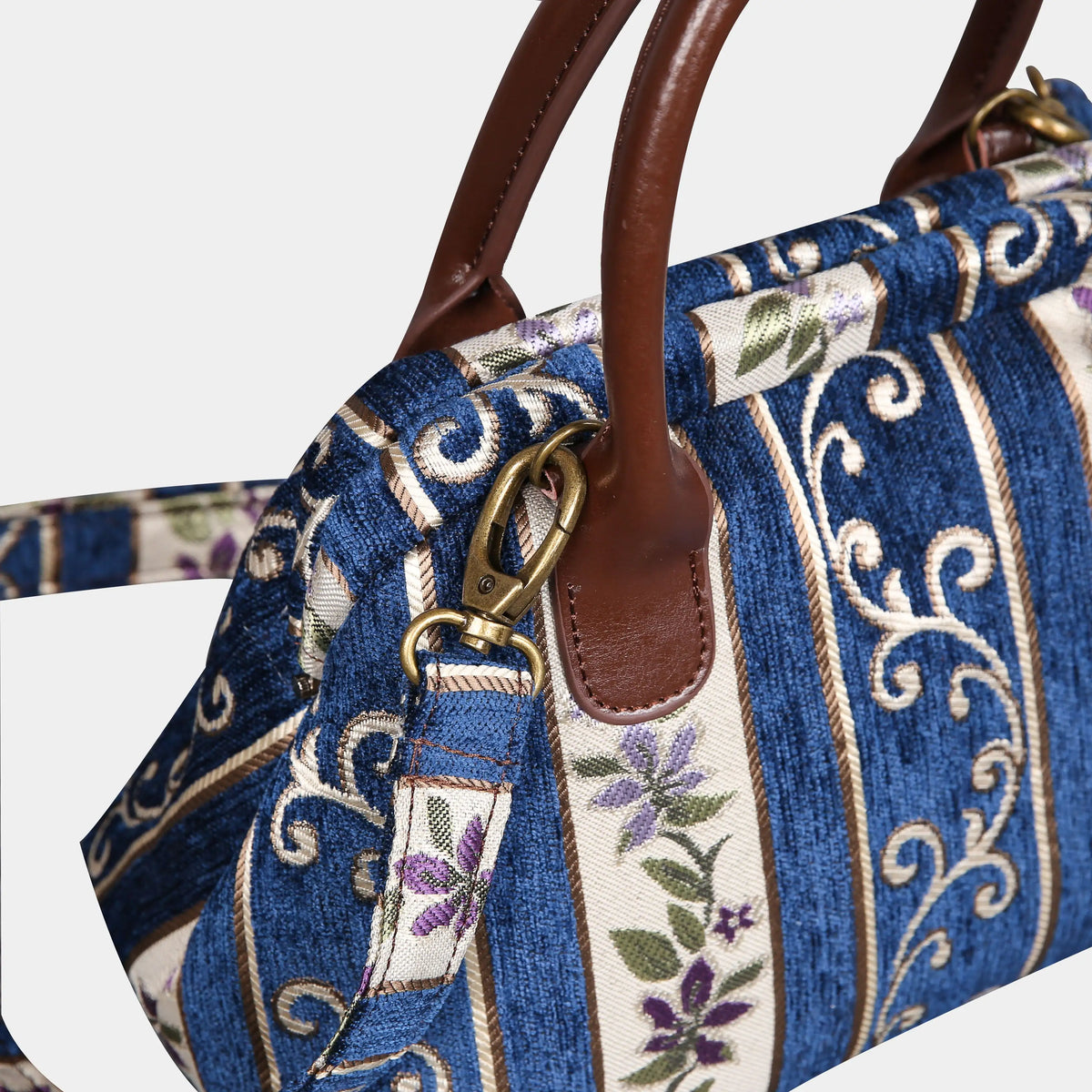 Victorian Stripes Navy Carpet Satchel Carpetbag of America buckle