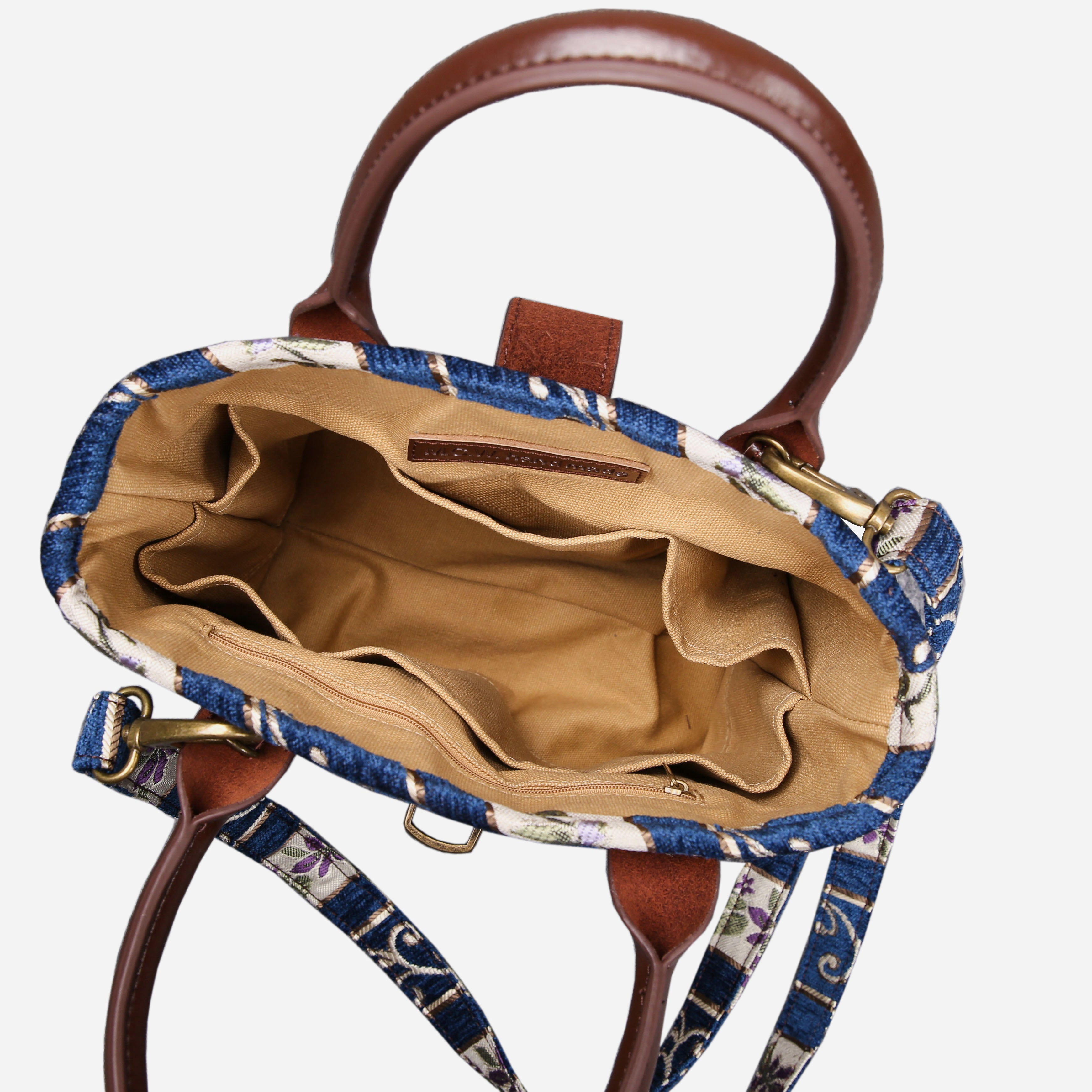 Strips Blue Tuck Lock Carpet Satchel carpet bag MCW Handmade of America inside