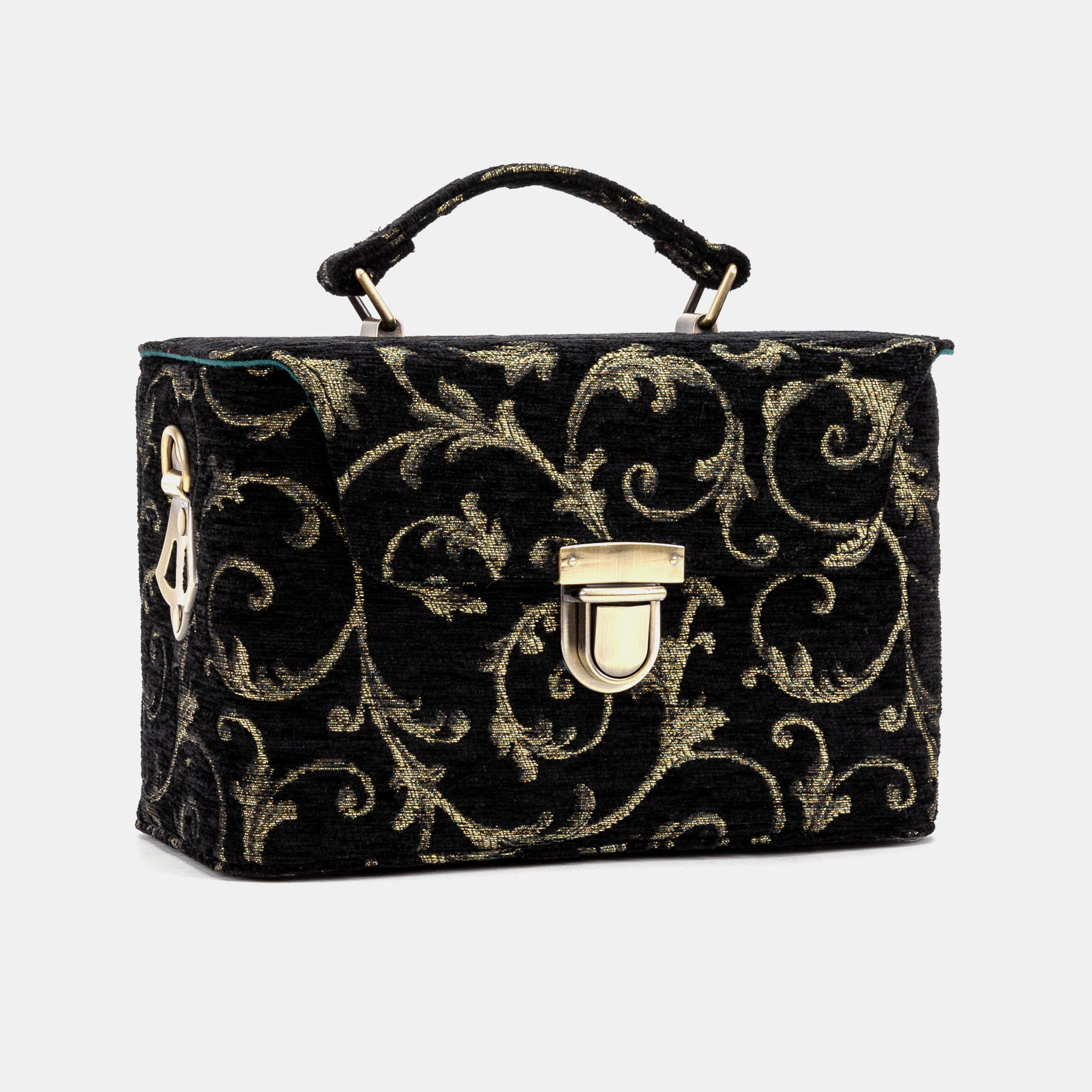 Vintage Scroll Black Green Clara Medium Train Case Purse of America front side