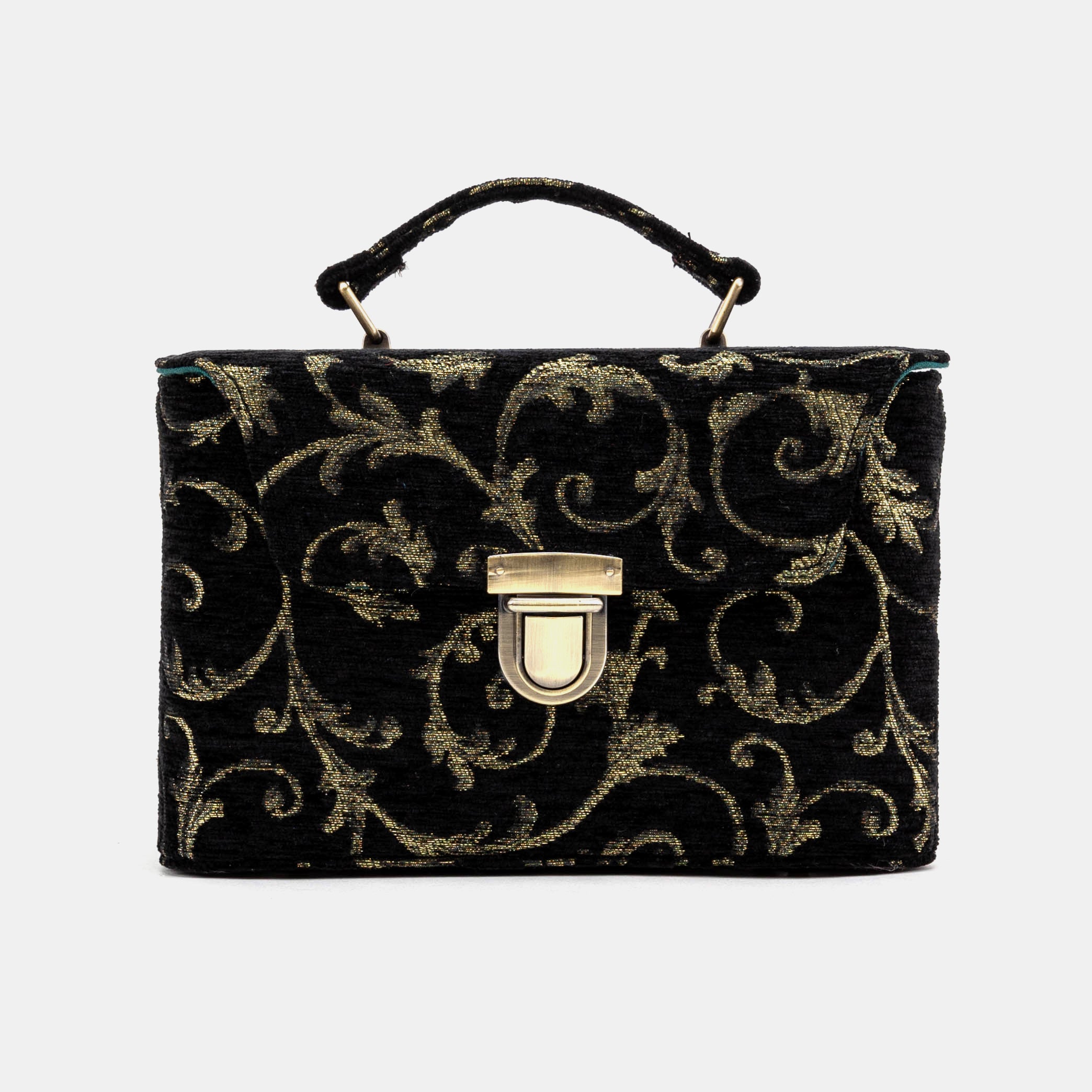 Vintage Scroll Black Green Clara Medium Train Case Purse of America front