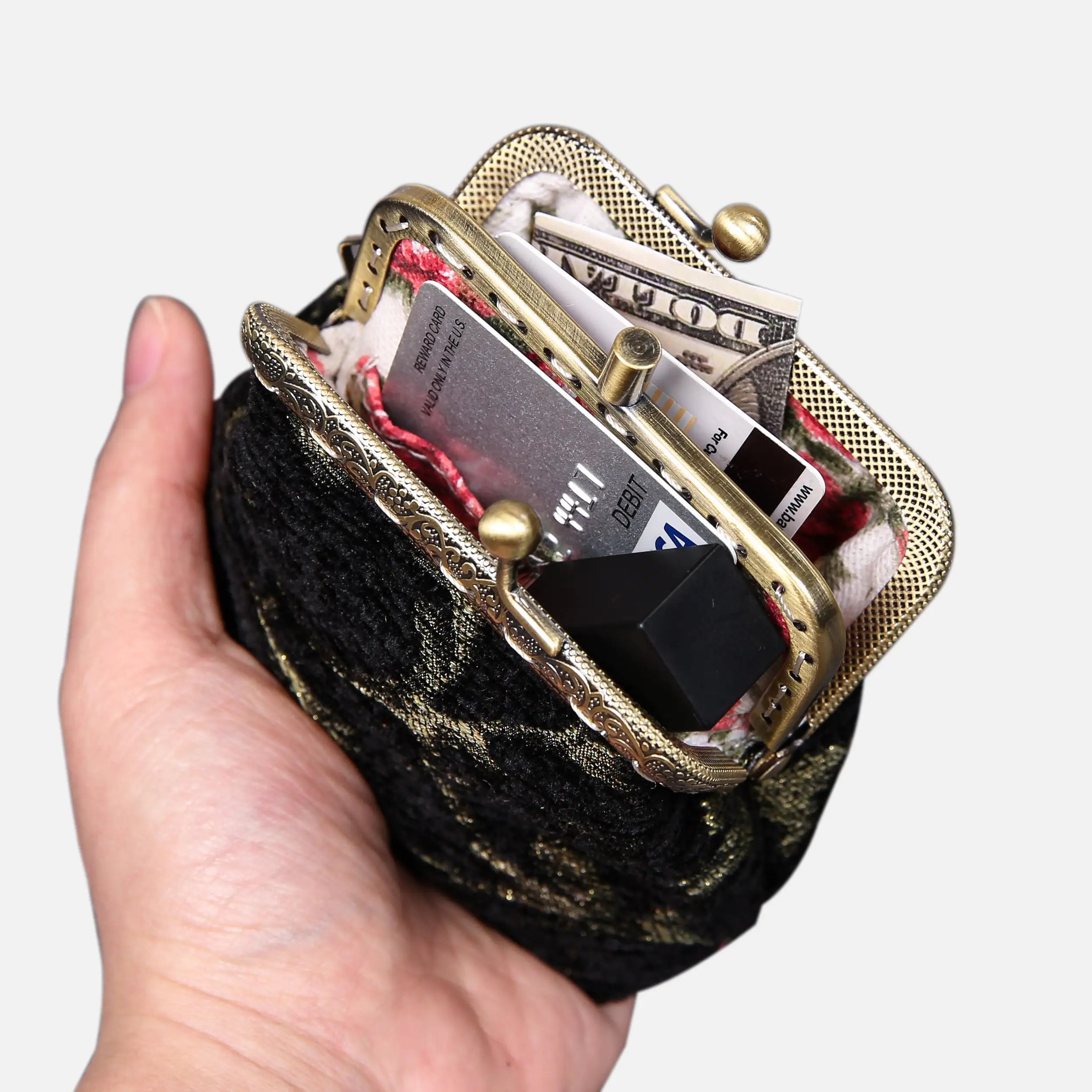 Vintage Scroll Black Double Kiss Clasp Coin Purse of America in use-1