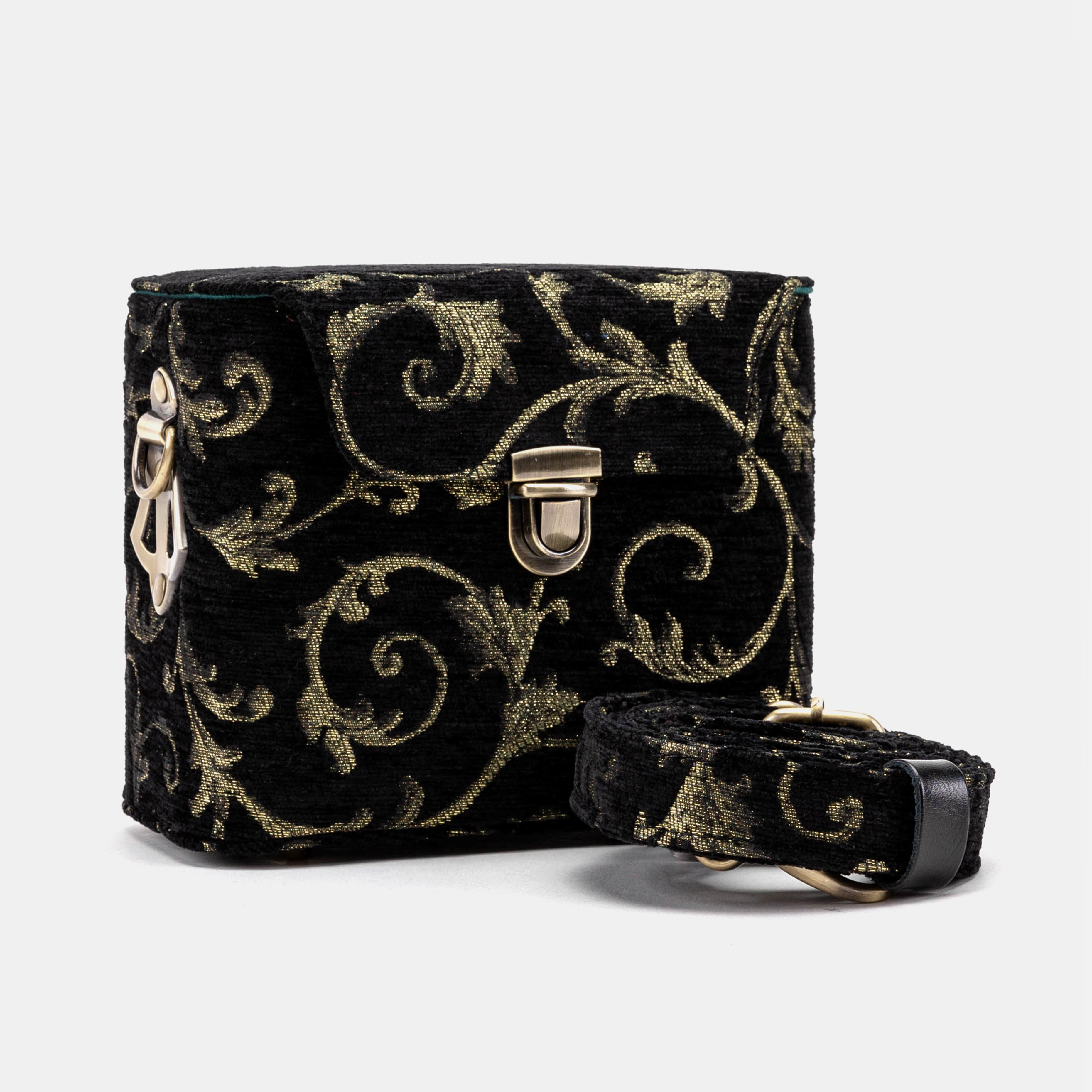 Vintage Scroll Black Green Emma Small Train Case Crossbody of America with shoulder strap