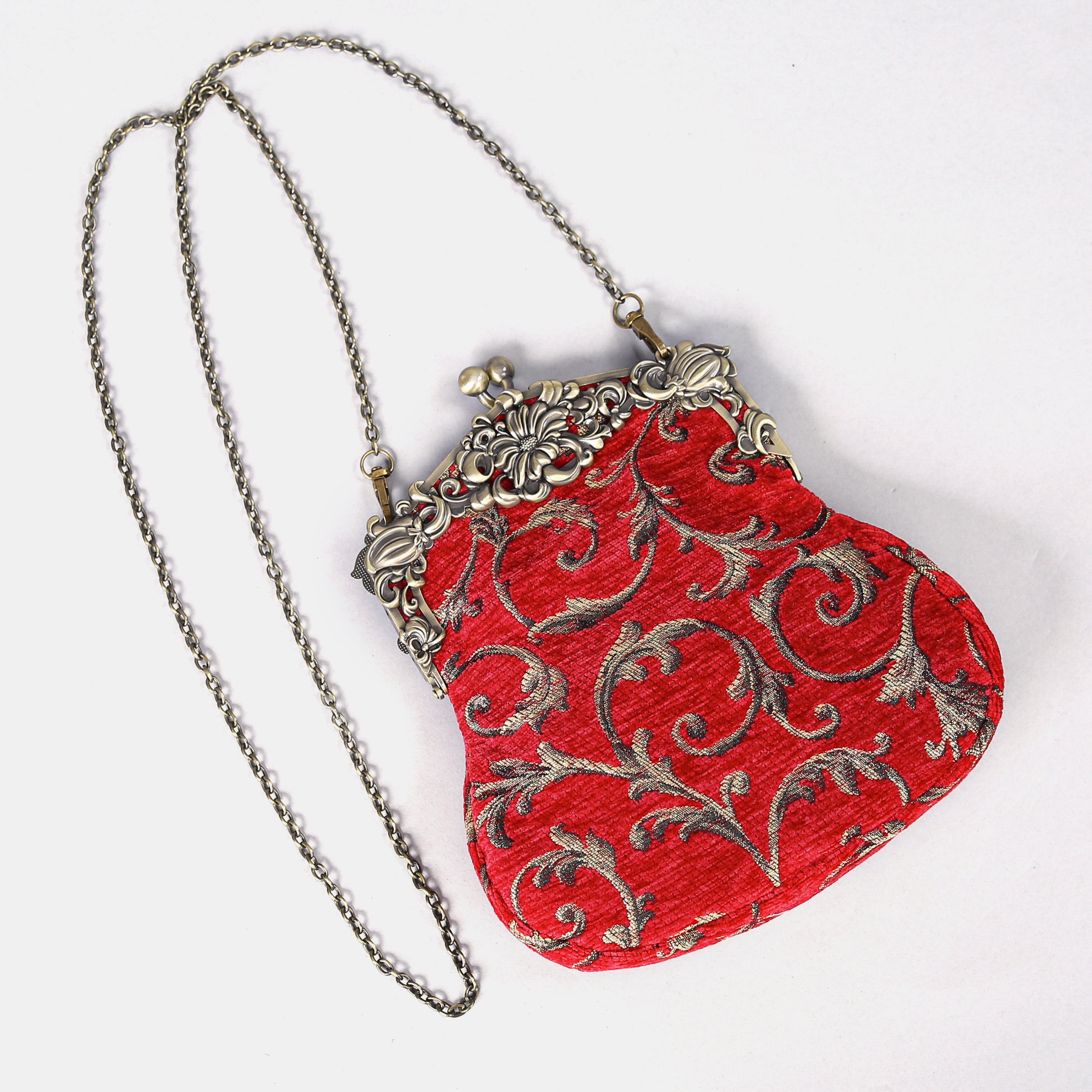Vintage Scroll Red Chatelaine Purse Large carpet bag of America with long chain